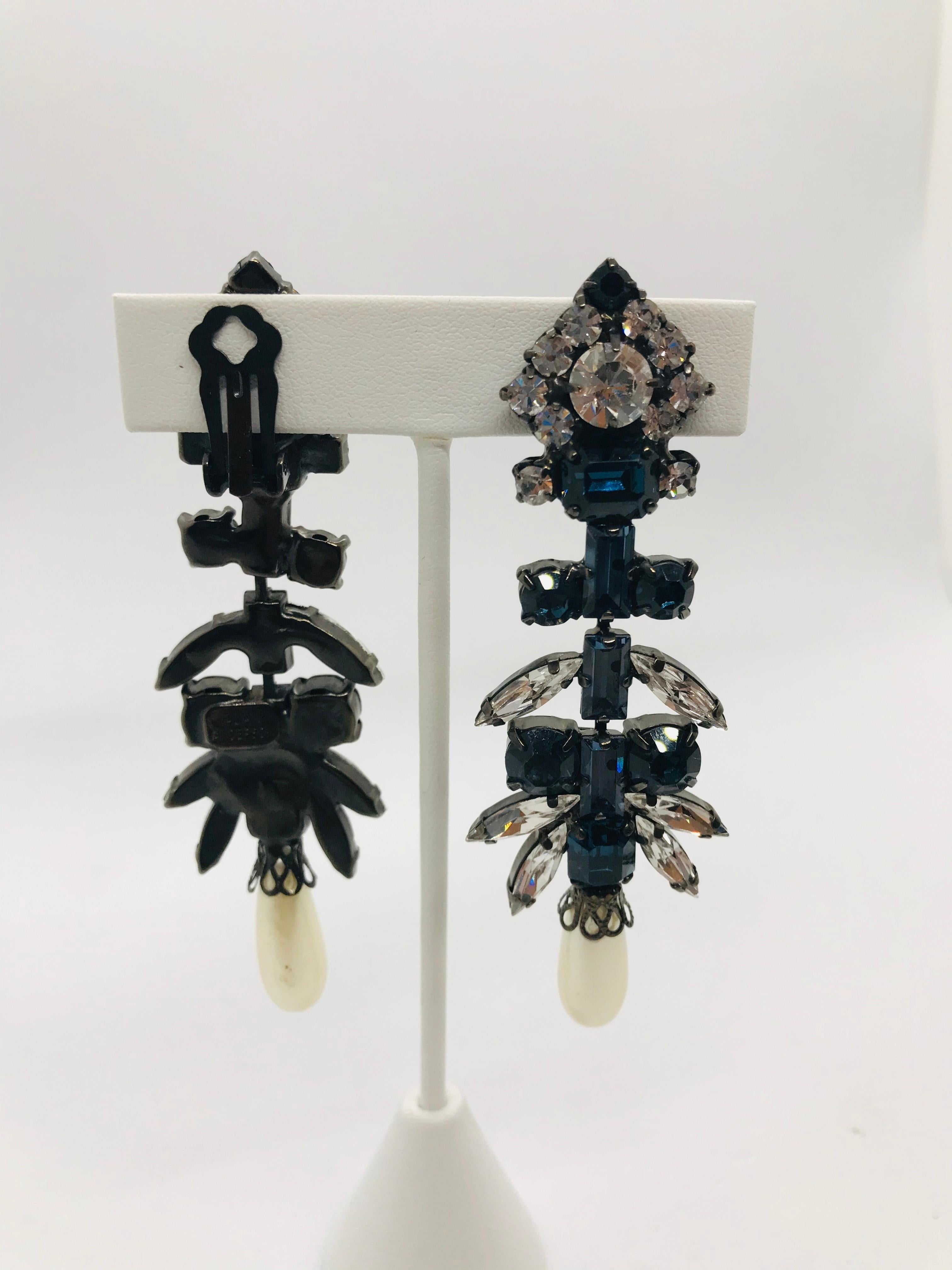 Art Deco Sapphire and Clear Austrian Crystal and Lucite Pearl Drop Chandelier Earrings For Sale