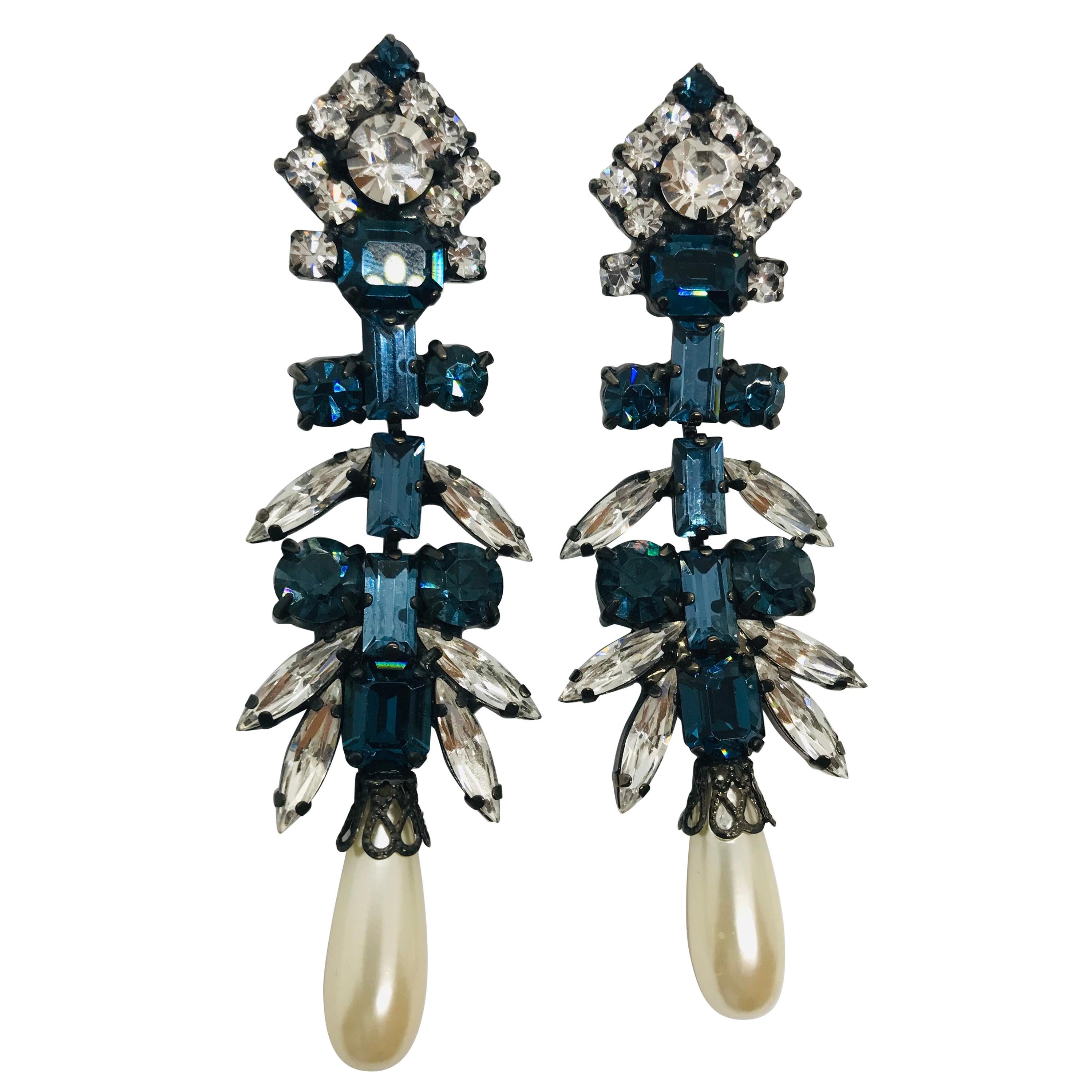 Sapphire and Clear Austrian Crystal and Lucite Pearl Drop Chandelier Earrings For Sale