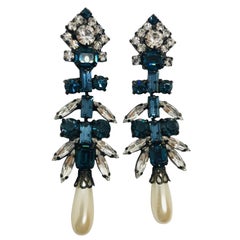 Sapphire and Clear Austrian Crystal and Lucite Pearl Drop Chandelier Earrings