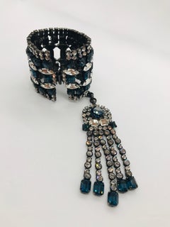 Sapphire and Clear Austrian Crystal Flex Cuff Bracelet with Tassel