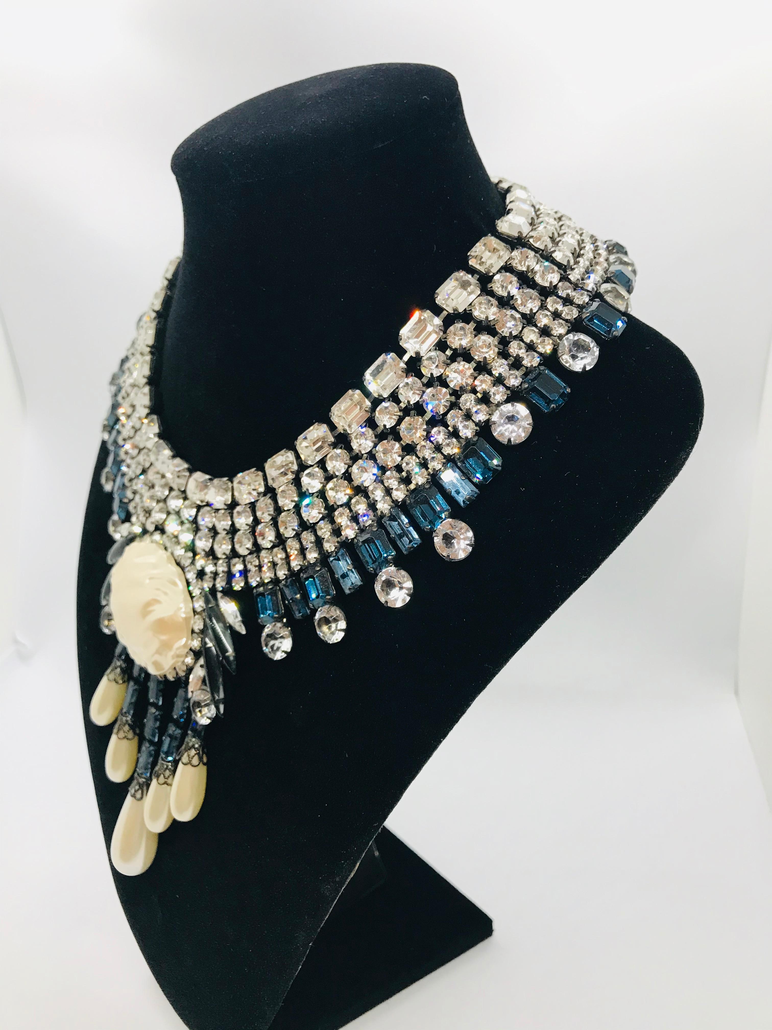 Cushion Cut Sapphire and Clear Austrian Crystal Mauvé Pearl Fringed Collar Necklace For Sale