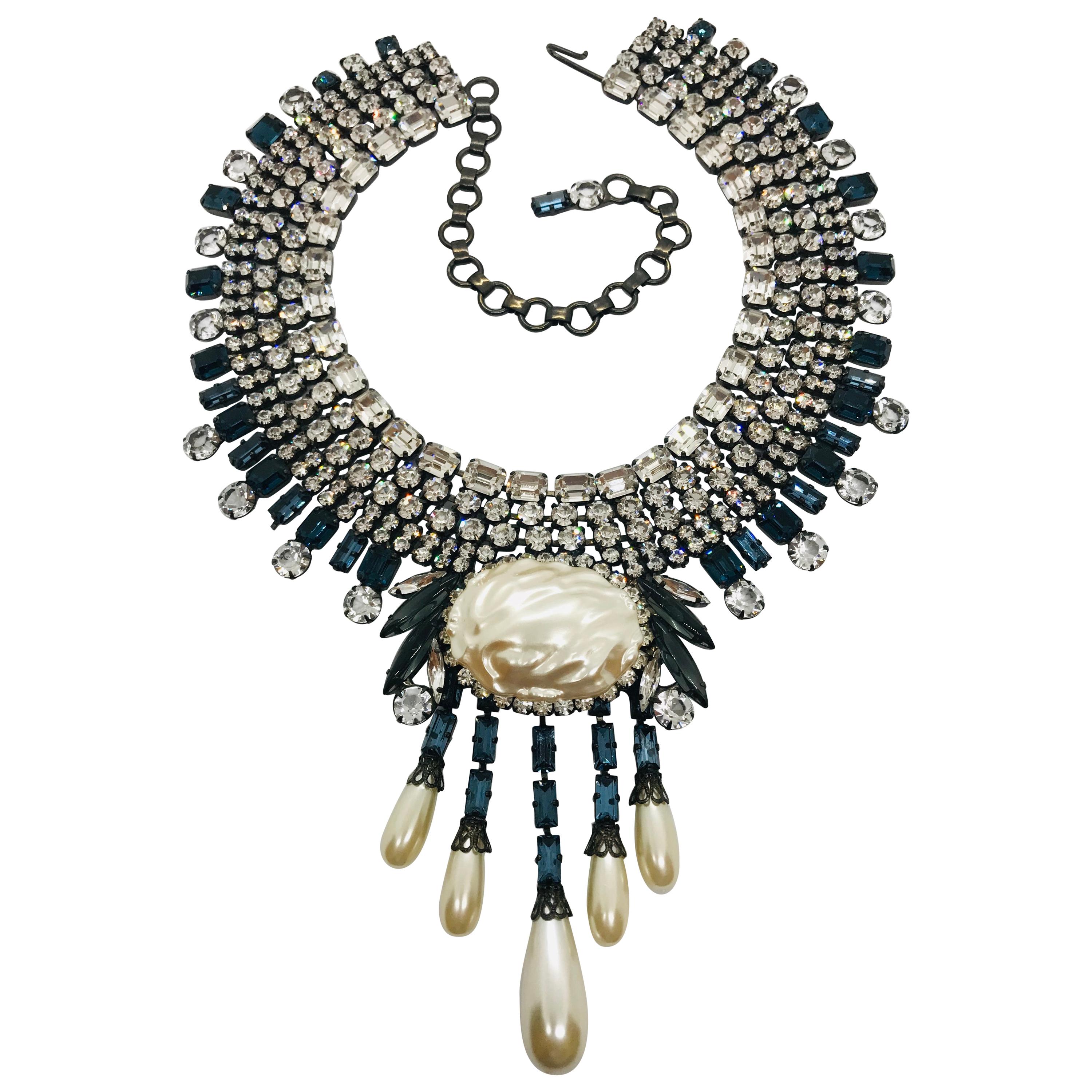 Sapphire and Clear Austrian Crystal Mauvé Pearl Fringed Collar Necklace For Sale