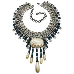 Sapphire and Clear Austrian Crystal Mauvé Pearl Fringed Collar Necklace