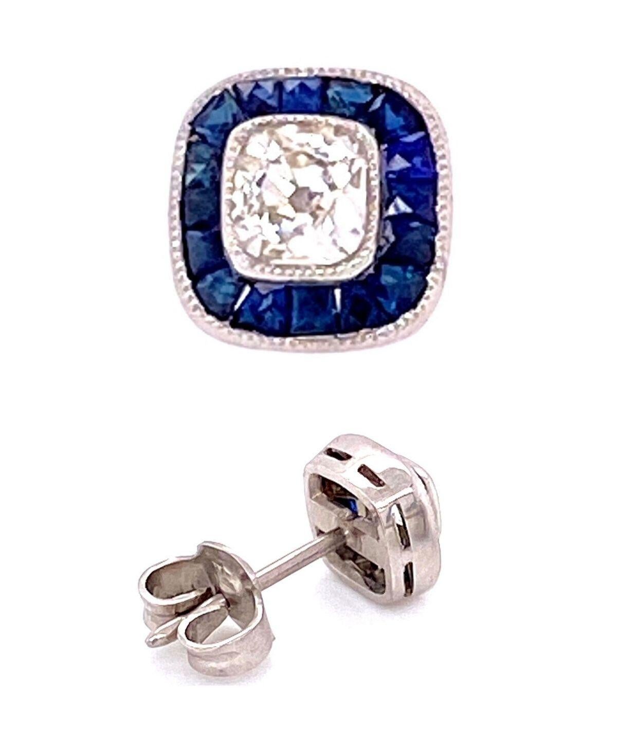 Cushion Cut Sapphire and Cushion-Cut Diamond Platinum Halo Stud Earrings Estate Fine Jewelry