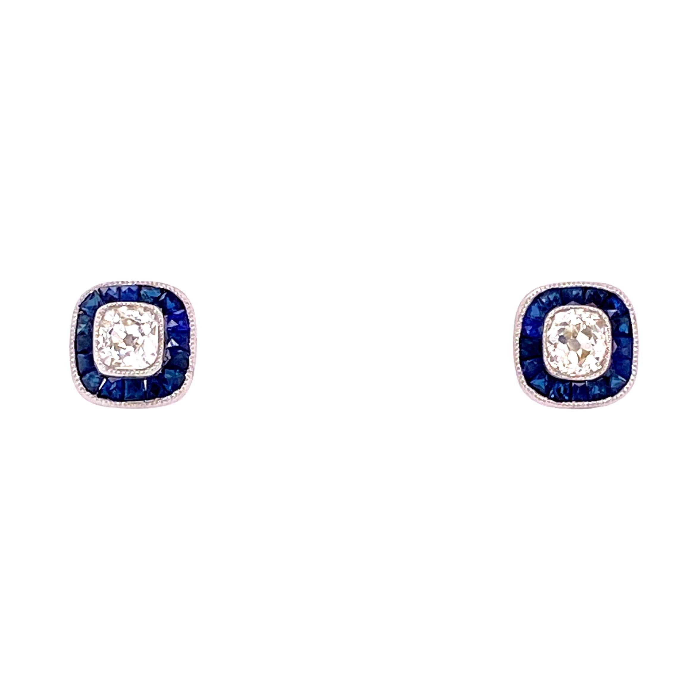 Women's Sapphire and Cushion-Cut Diamond Platinum Halo Stud Earrings Estate Fine Jewelry