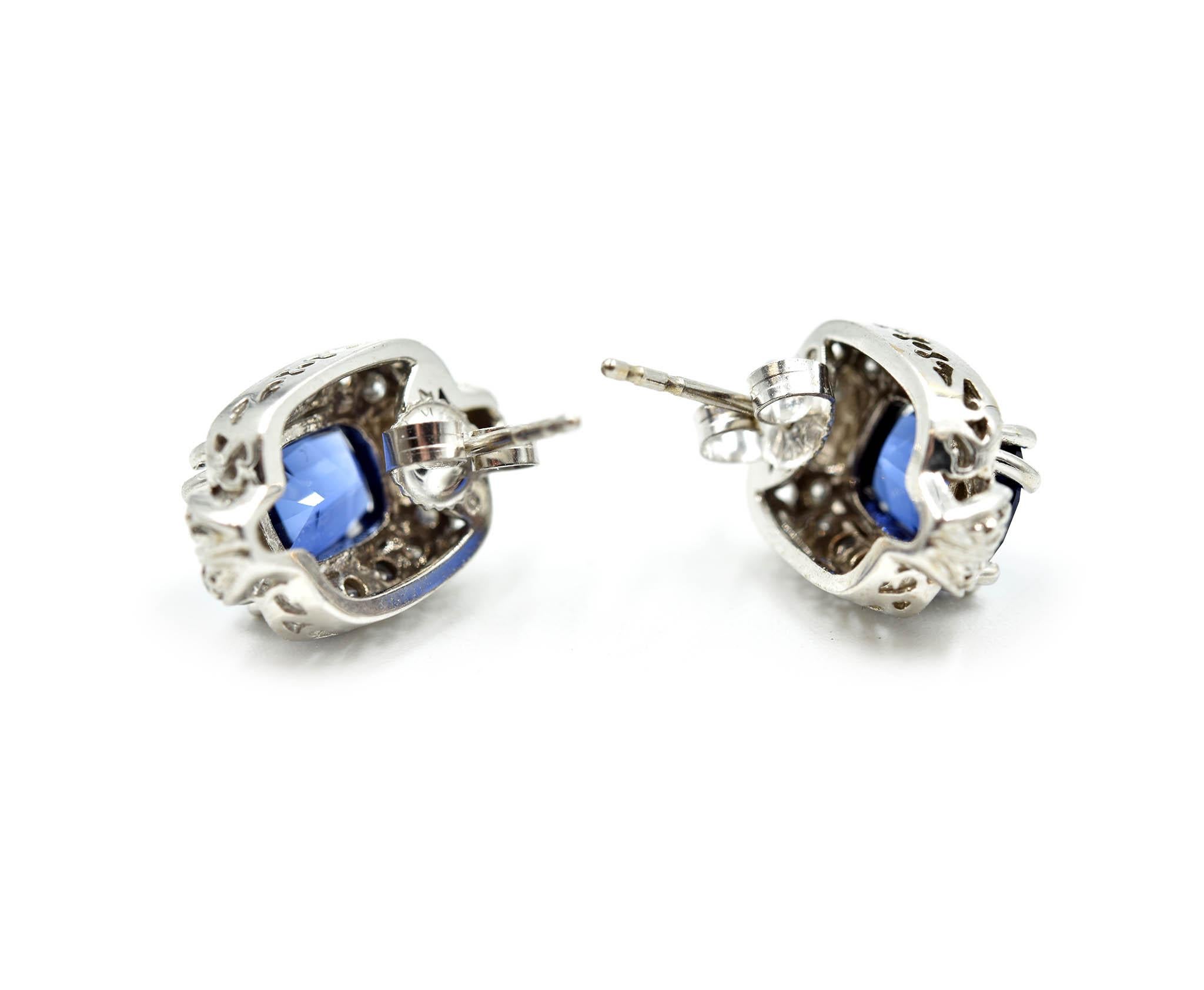 Contemporary Sapphire and Diamond 14 Karat White Gold Earrings