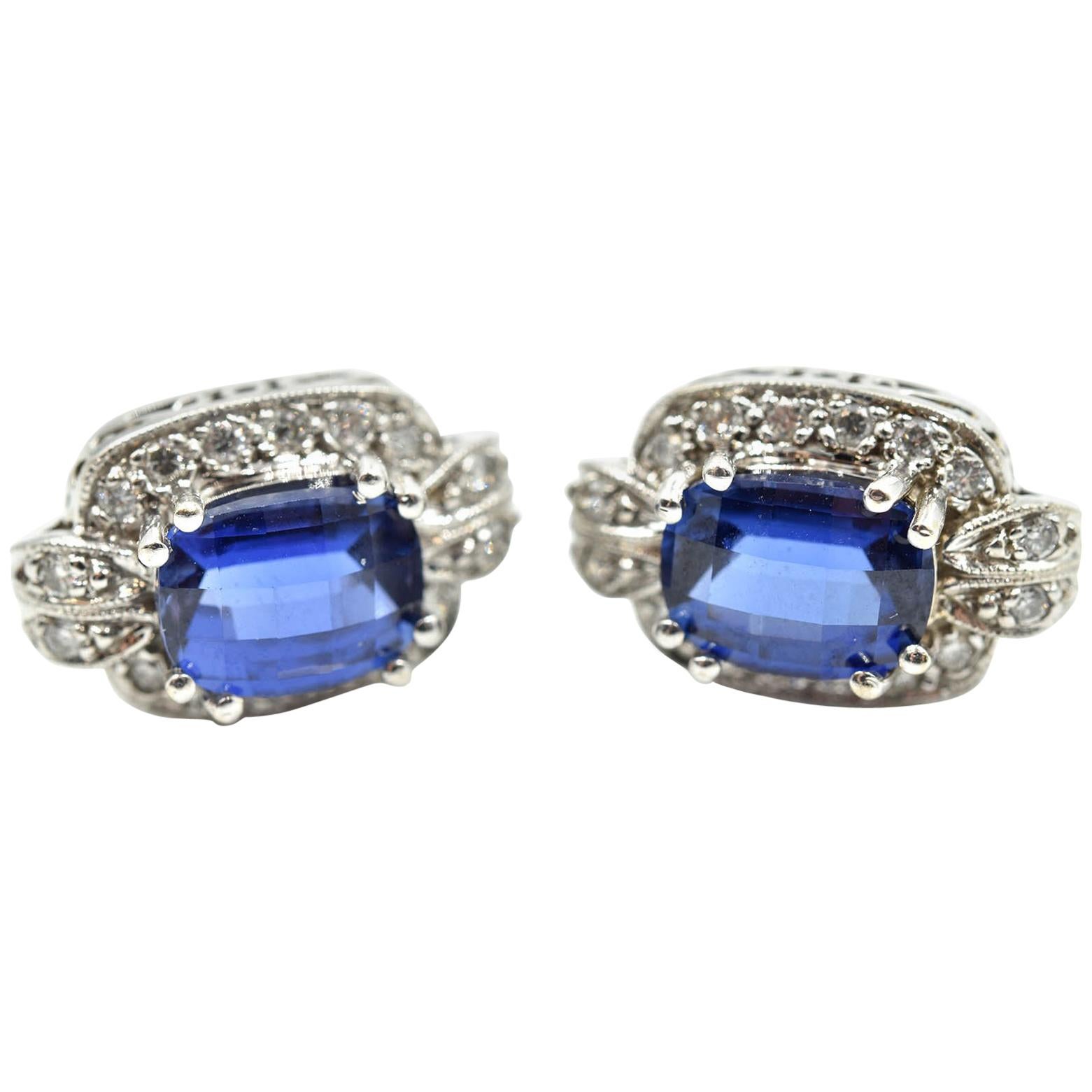 Sapphire and Diamond 14 Karat White Gold Earrings
