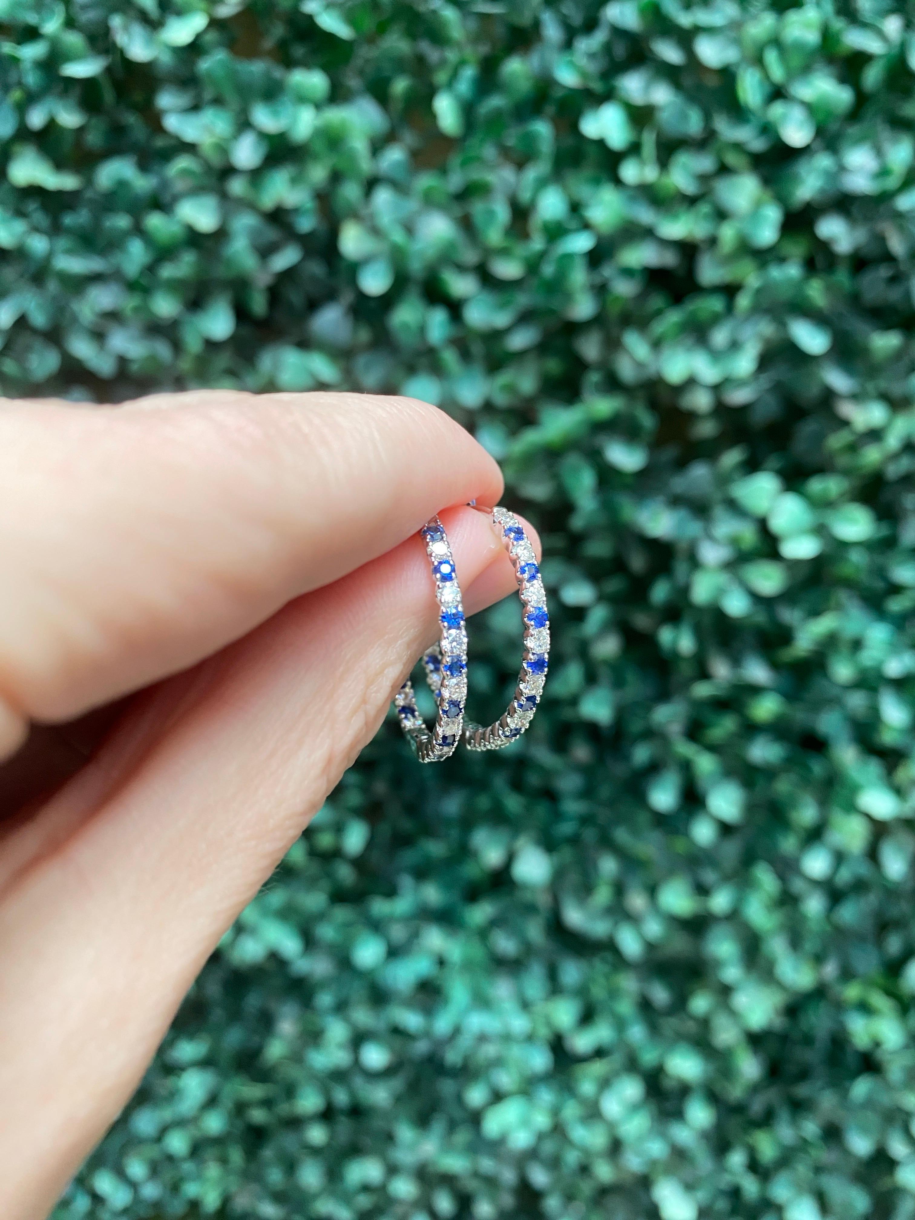 Sapphire and Diamond 14 Karat White Gold Endless Hoop Earrings For Sale 5