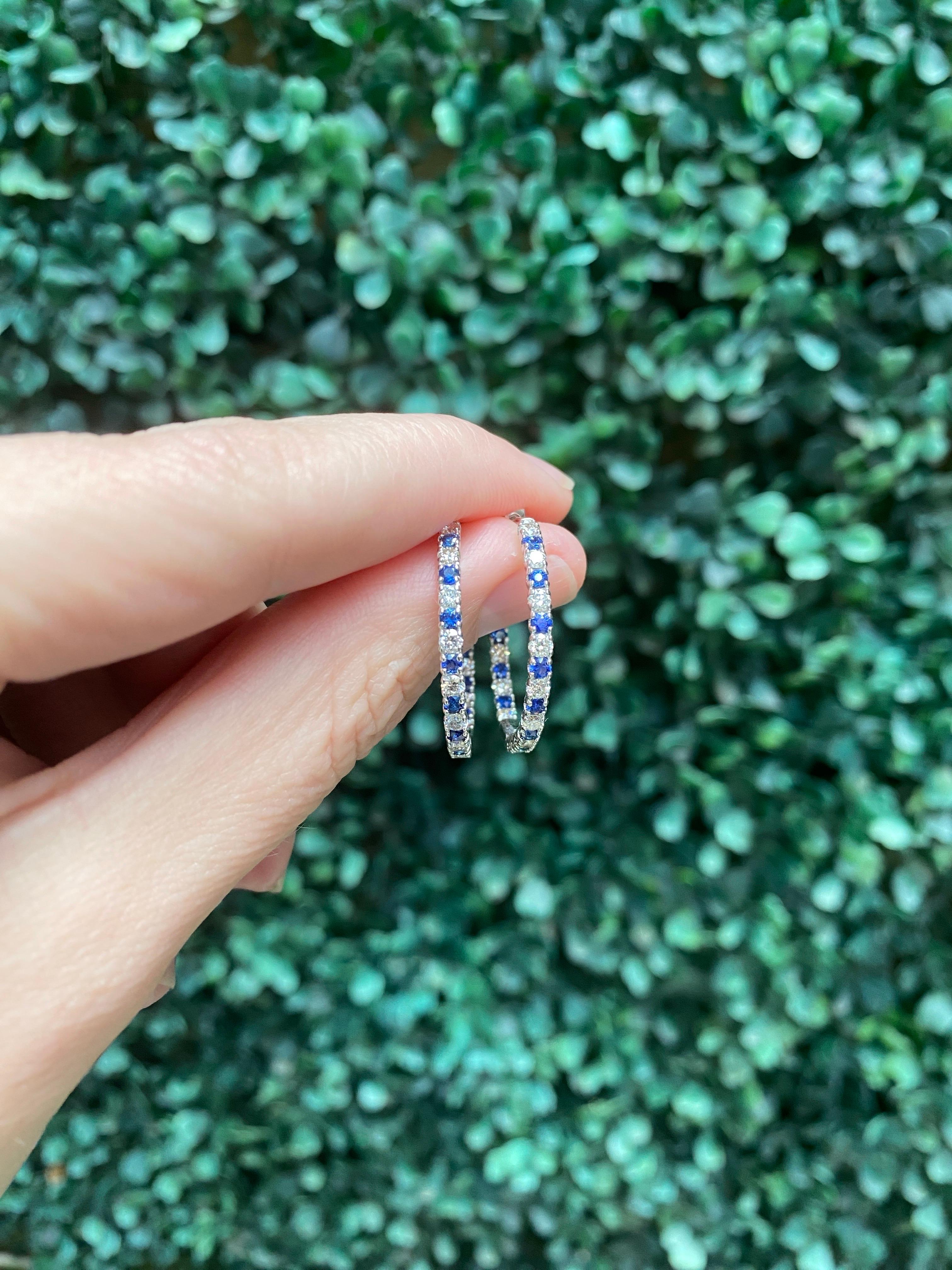 Sapphire and Diamond 14 Karat White Gold Endless Hoop Earrings For Sale 6