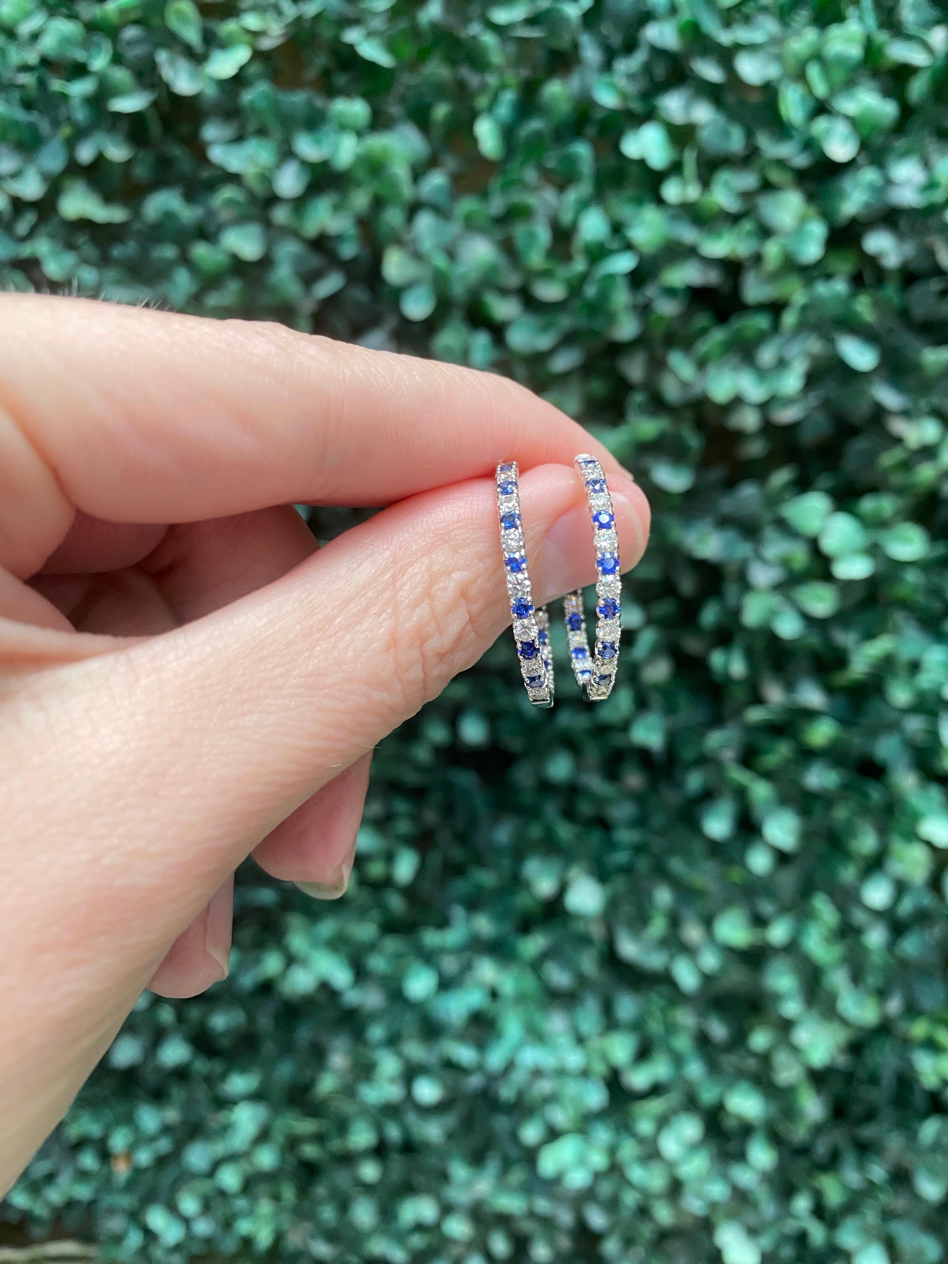 Sapphire and Diamond 14 Karat White Gold Endless Hoop Earrings For Sale 8