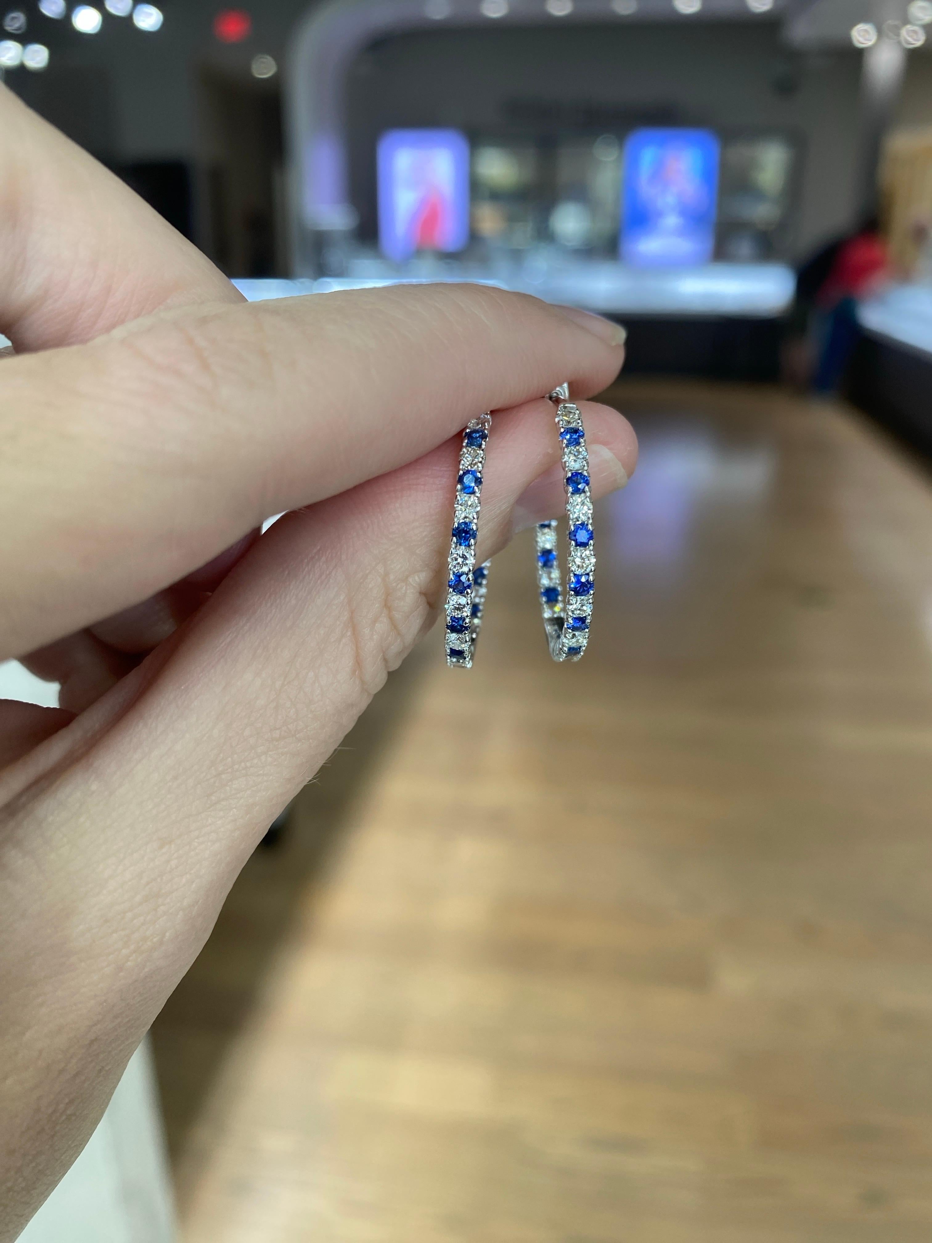 Round Cut Sapphire and Diamond 14 Karat White Gold Endless Hoop Earrings For Sale