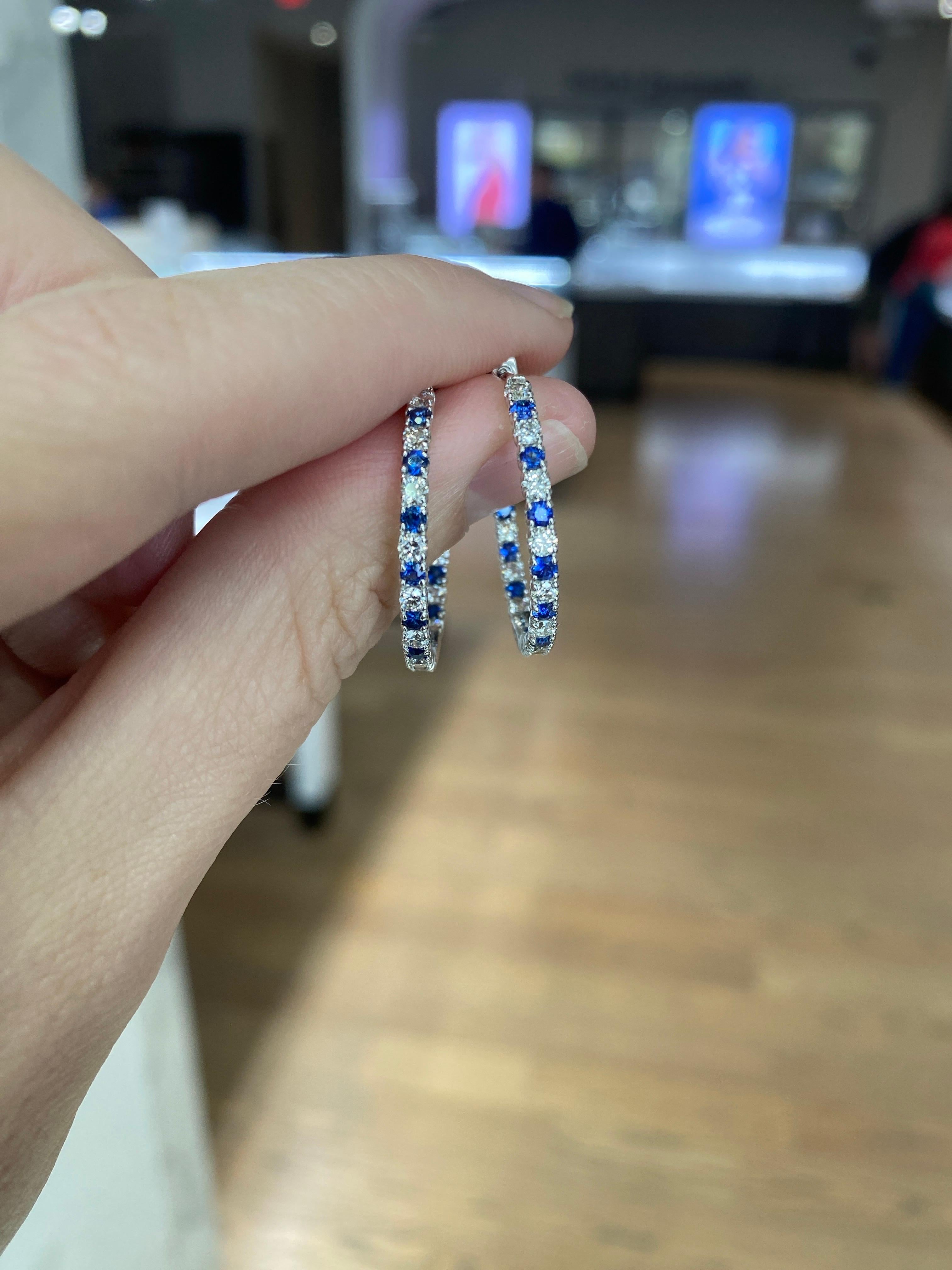Women's or Men's Sapphire and Diamond 14 Karat White Gold Endless Hoop Earrings For Sale