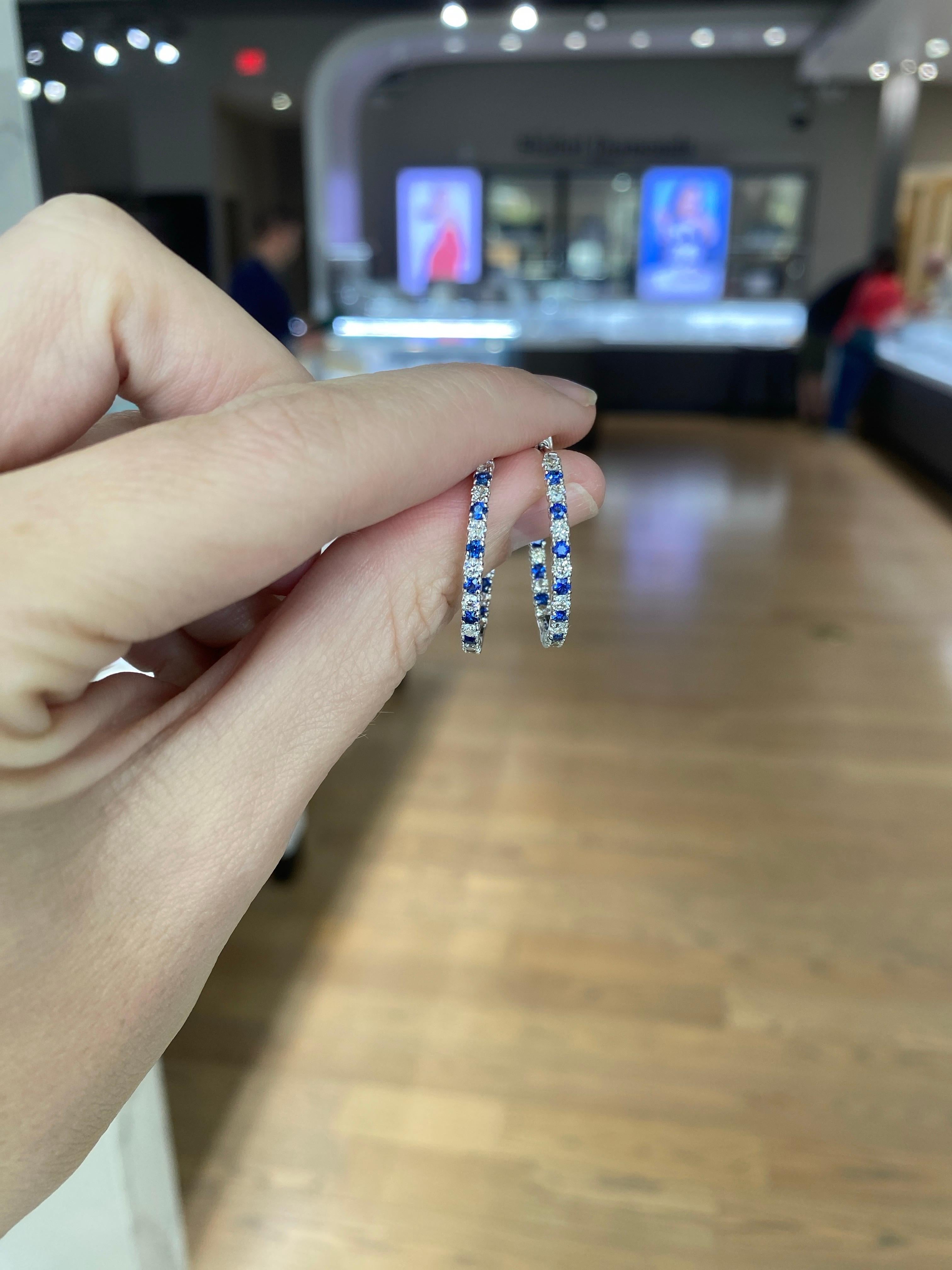 Sapphire and Diamond 14 Karat White Gold Endless Hoop Earrings For Sale 1
