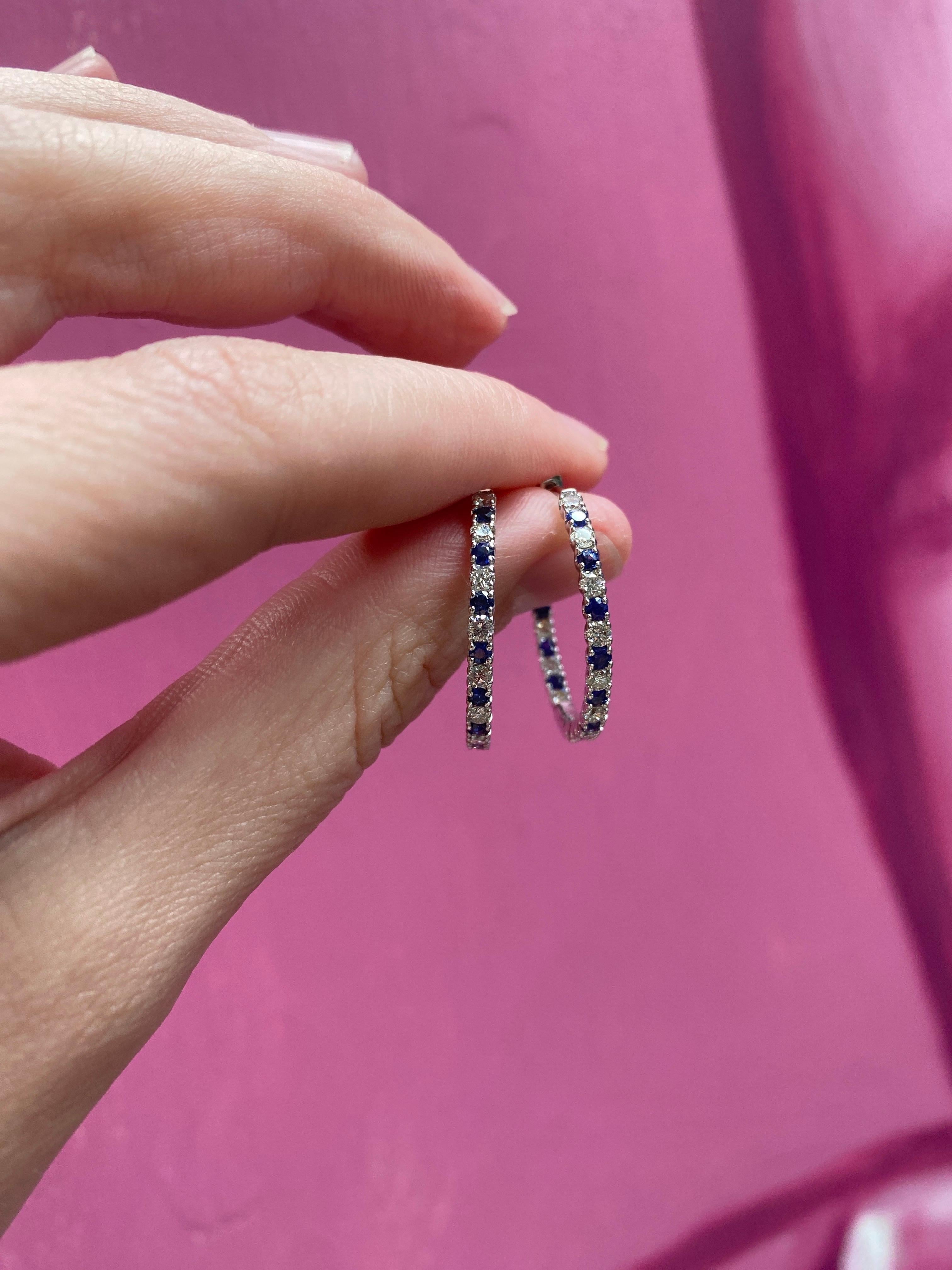 Sapphire and Diamond 14 Karat White Gold Endless Hoop Earrings For Sale 2