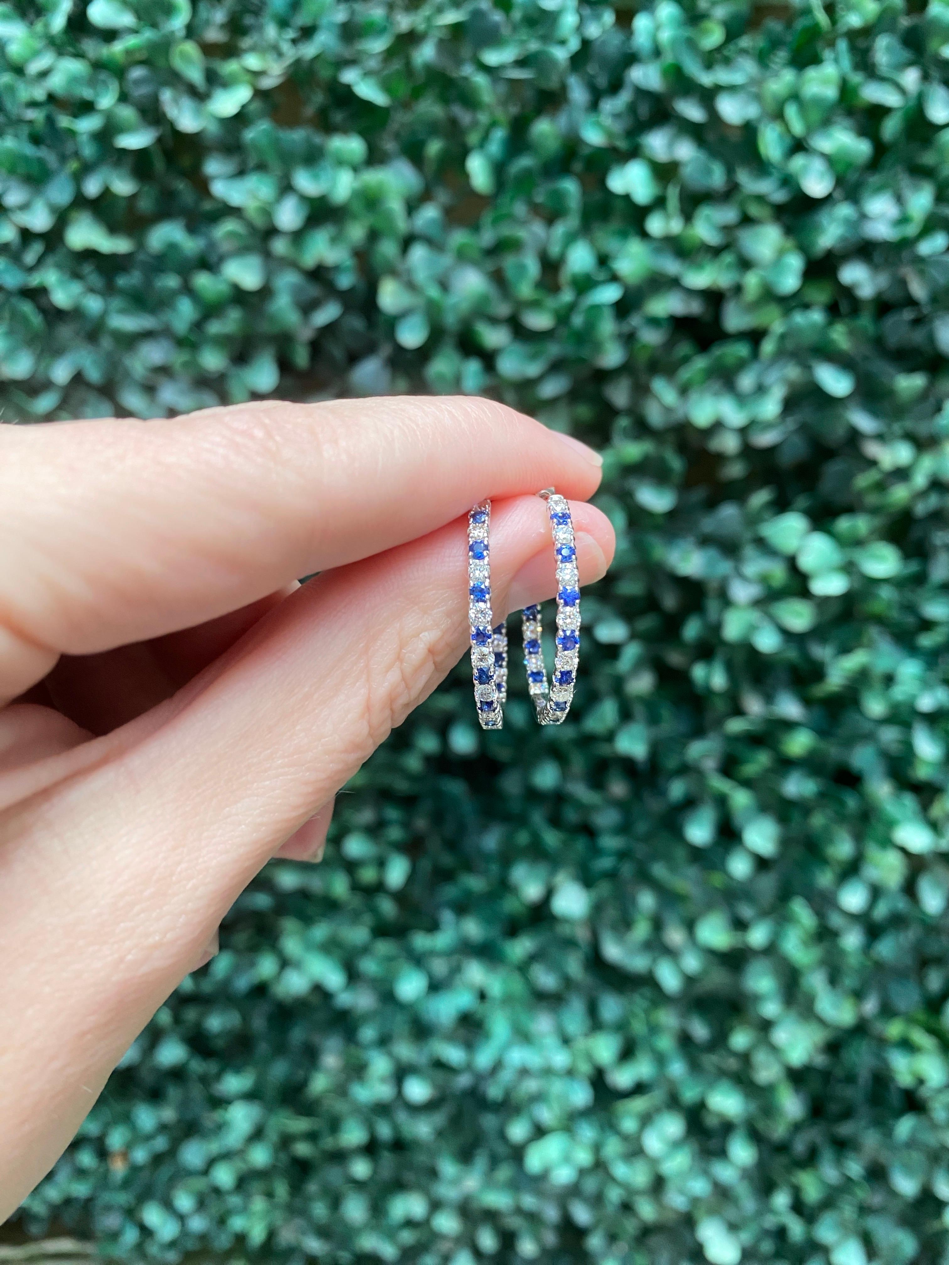 Sapphire and Diamond 14 Karat White Gold Endless Hoop Earrings For Sale 4