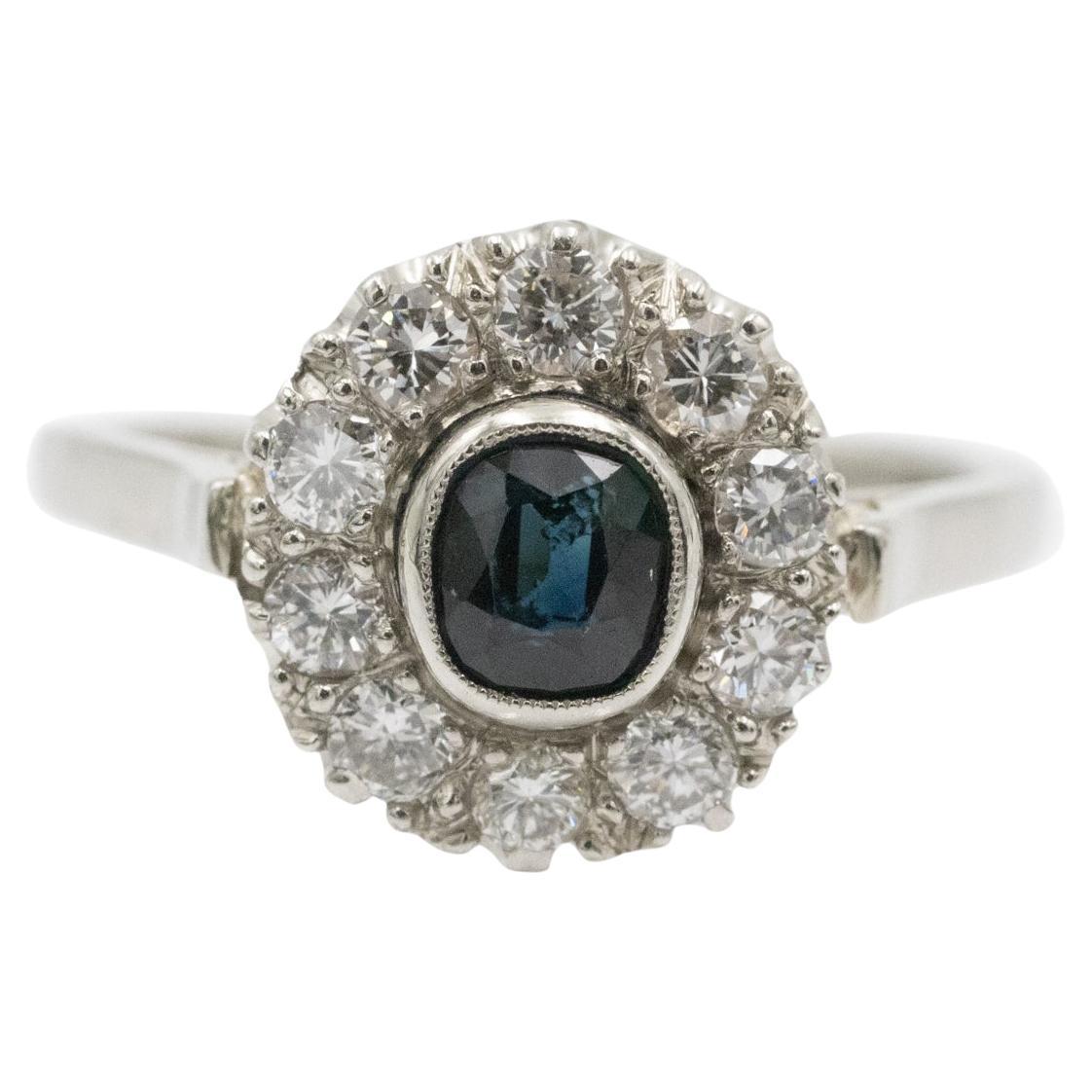 Anello con zaffiro e diamante in oro bianco 14k, Austria, metà del XX secolo