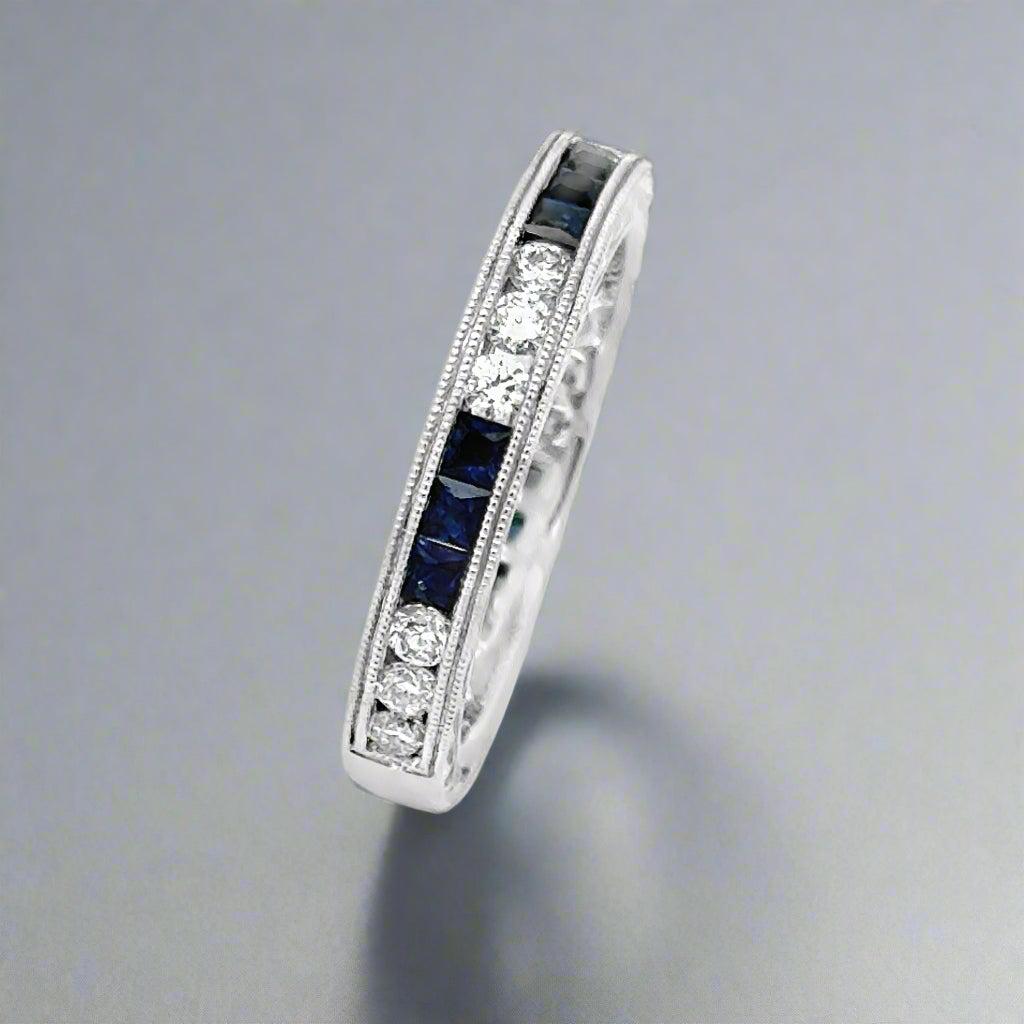 Princess Cut Sapphire and Diamond 14k White Gold Stackable Band/Ring For Sale