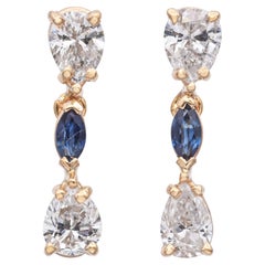 Pendientes Colgantes Zafiro y Diamante Oro Amarillo 14k