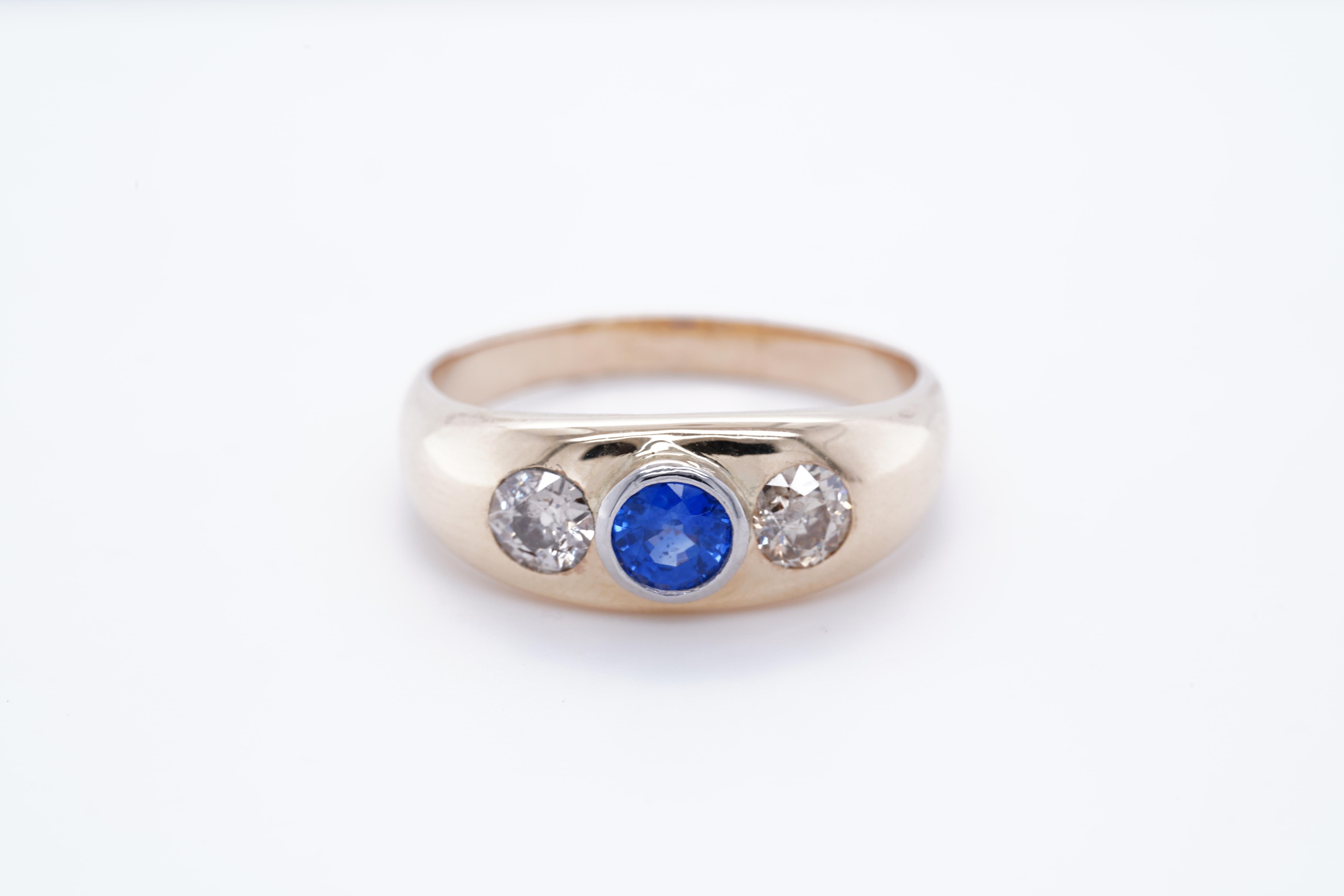 Sapphire and Diamond 14K Yellow Gold Unisex Triple Stone Ring.  14k yellow gold, one 5mm ocean blue sapphires, two 5mm diamonds on either side.  September's perfect birthday, birthstone ring. Perfect men's wedding band.