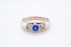 Sapphire and Diamond 14K Yellow Gold Mens Triple Stone Wedding Ring