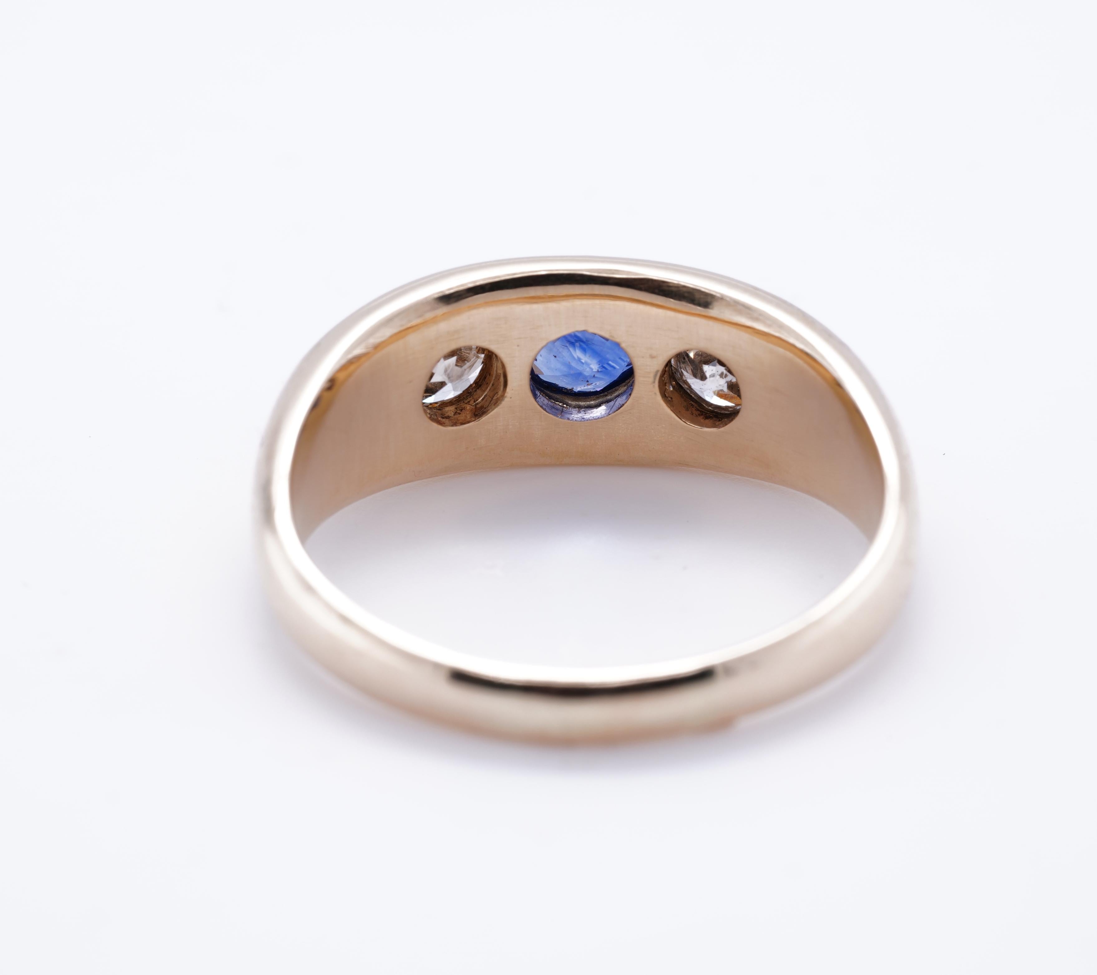 Round Cut Sapphire and Diamond 14K Yellow Gold Mens Triple Stone Wedding Ring