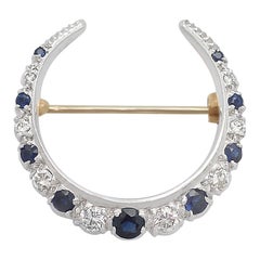 Sapphire and Diamond, 15 Karat Yellow Gold Crescent Brooch, Antique