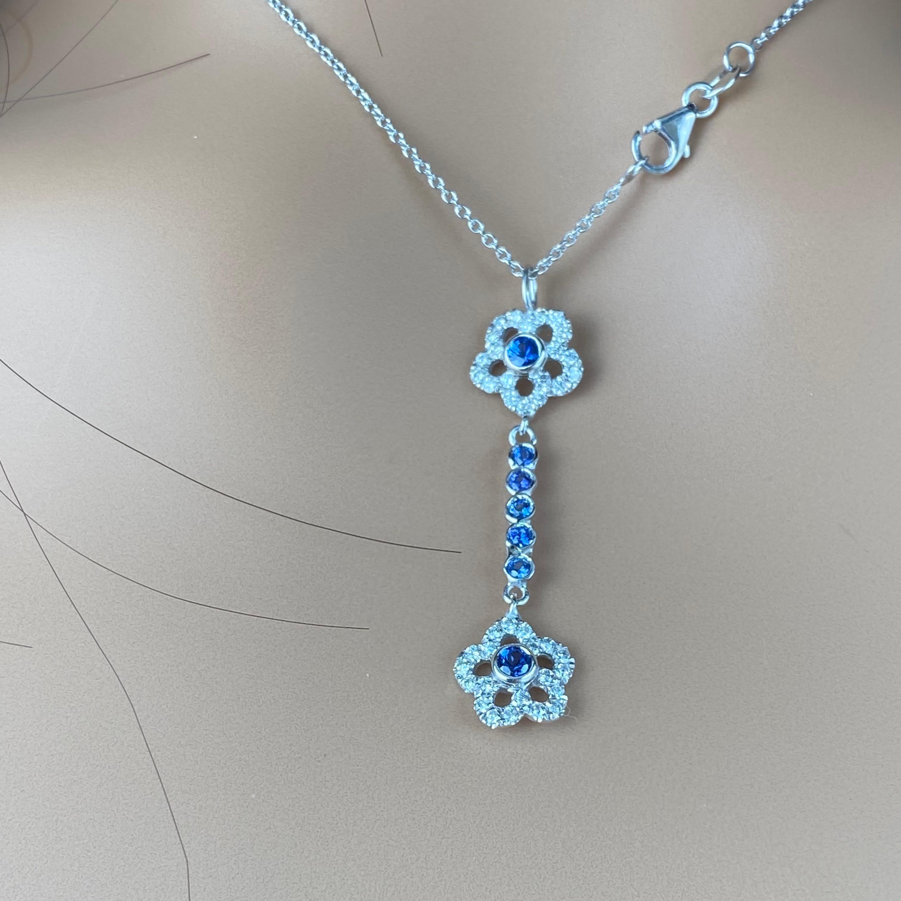 Round Cut Sapphire Diamond 1.70 Carat Lariat 14 Karat Gold 17.6 Inch Long Necklace Pendant For Sale