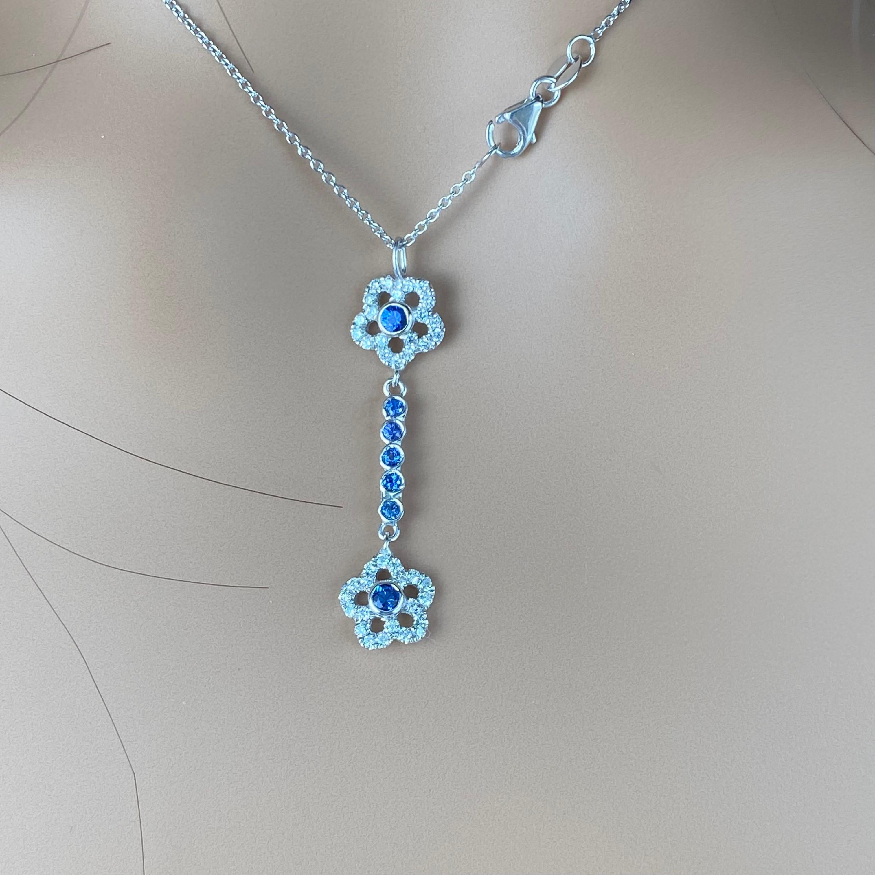 Sapphire Diamond 1.70 Carat Lariat 14 Karat Gold 17.6 Inch Long Necklace Pendant For Sale 1
