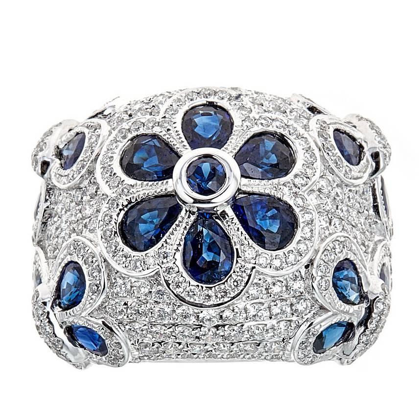 Modern 7.66 TCW Blue Sapphire and Pave Diamond Cluster Cocktail Ring in 18k White Gold