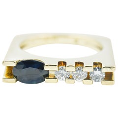 Sapphire and Diamond 18 Karat Yellow Gold Modern Style Geometric Ring