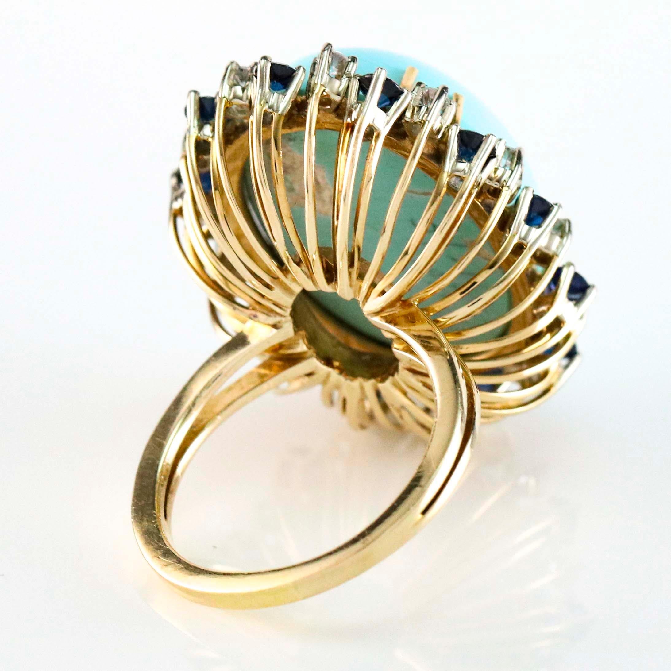 Sapphire and Diamond 18 Karat Yellow Gold Oval Turquoise Cocktail Ring In Good Condition In Fort Lauderdale, FL