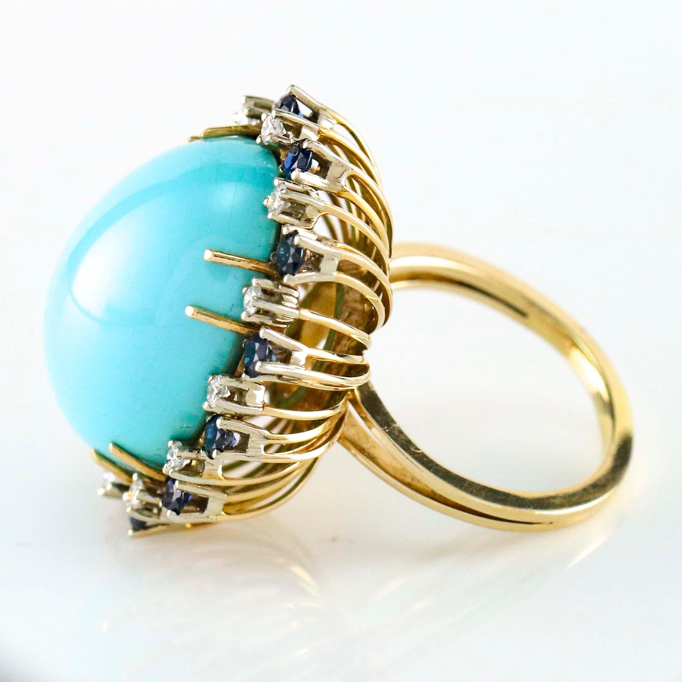 Women's Sapphire and Diamond 18 Karat Yellow Gold Oval Turquoise Cocktail Ring