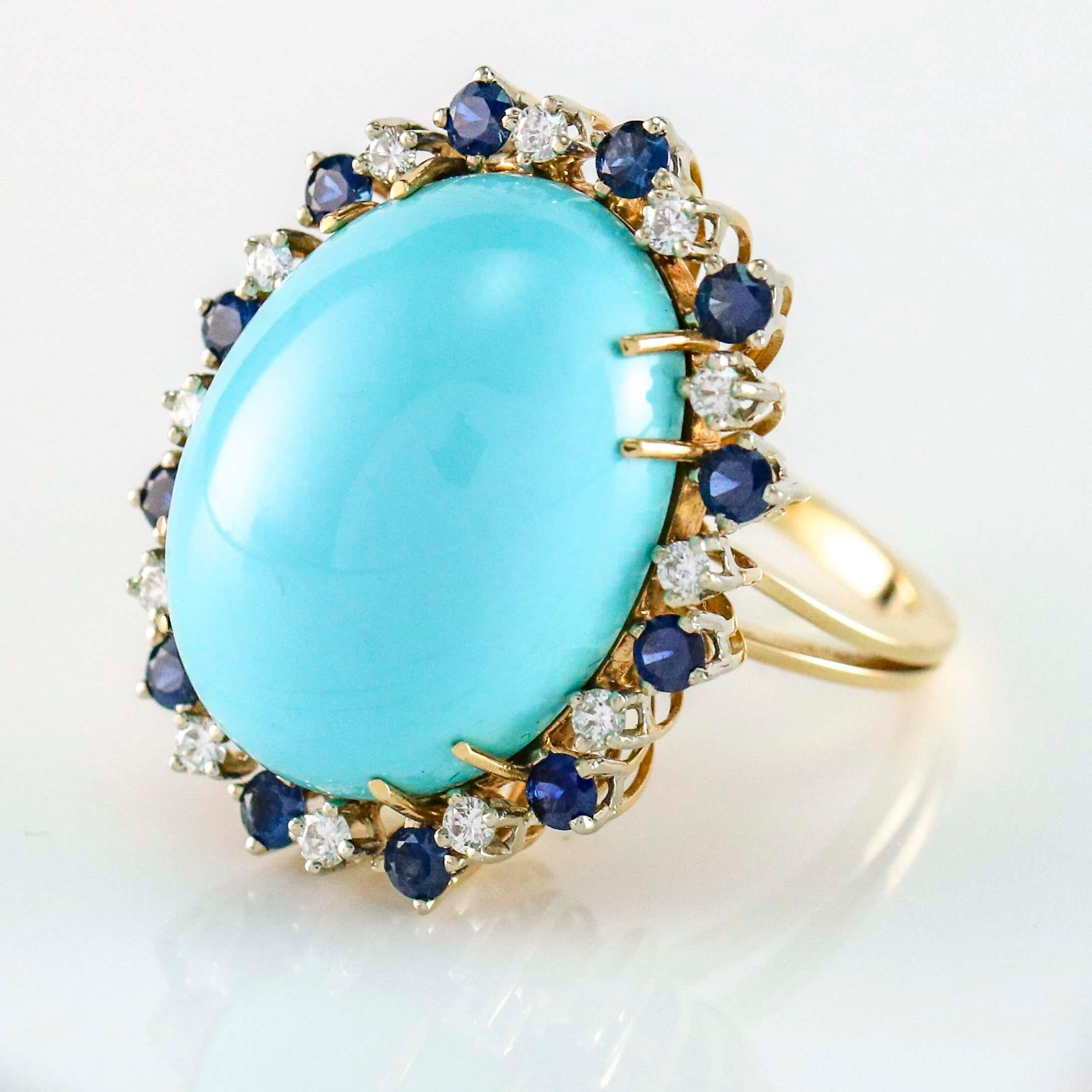 Sapphire and Diamond 18 Karat Yellow Gold Oval Turquoise Cocktail Ring 1