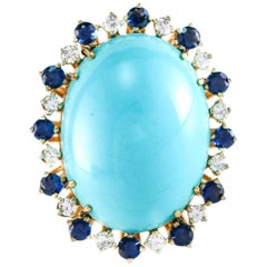 Sapphire and Diamond 18 Karat Yellow Gold Oval Turquoise Cocktail Ring