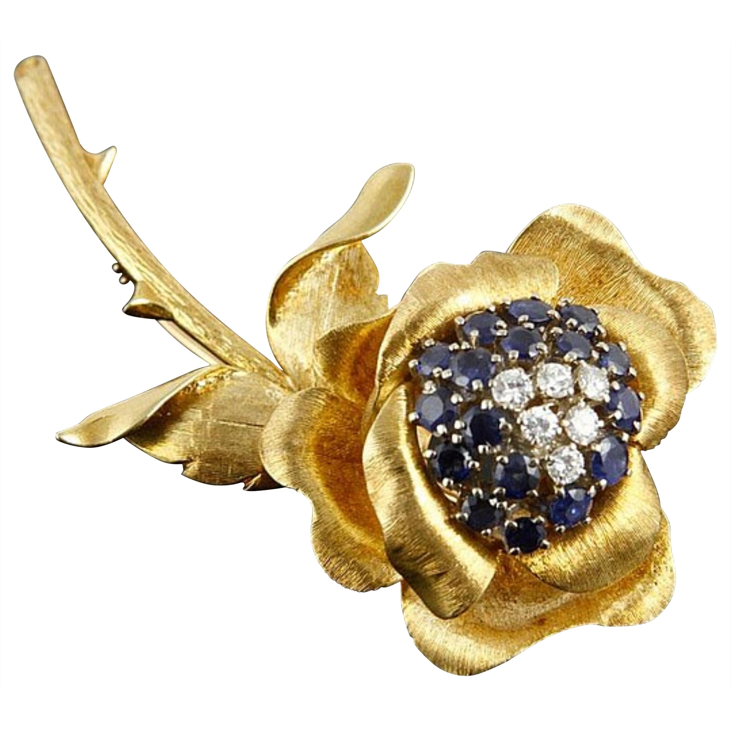 Sapphire and Diamond 18 Karat Yellow Gold Rose Flower Brooch Pin