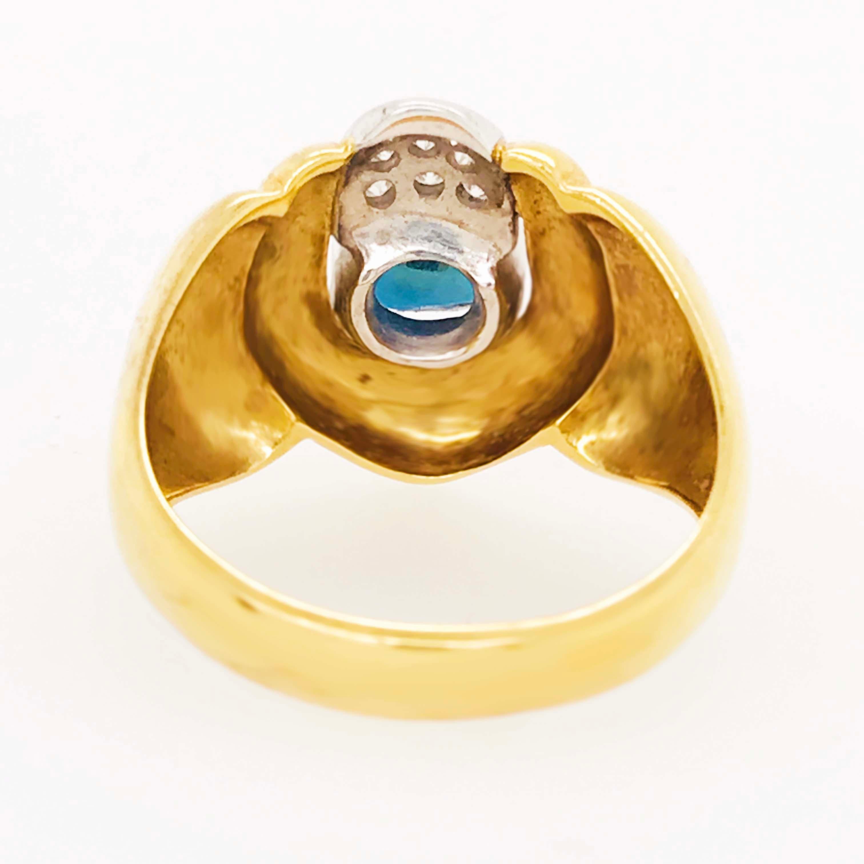 Retro Sapphire and Diamond 18 kt Yellow Gold Statement Ring, 18k Gold Dome Ring Blue For Sale