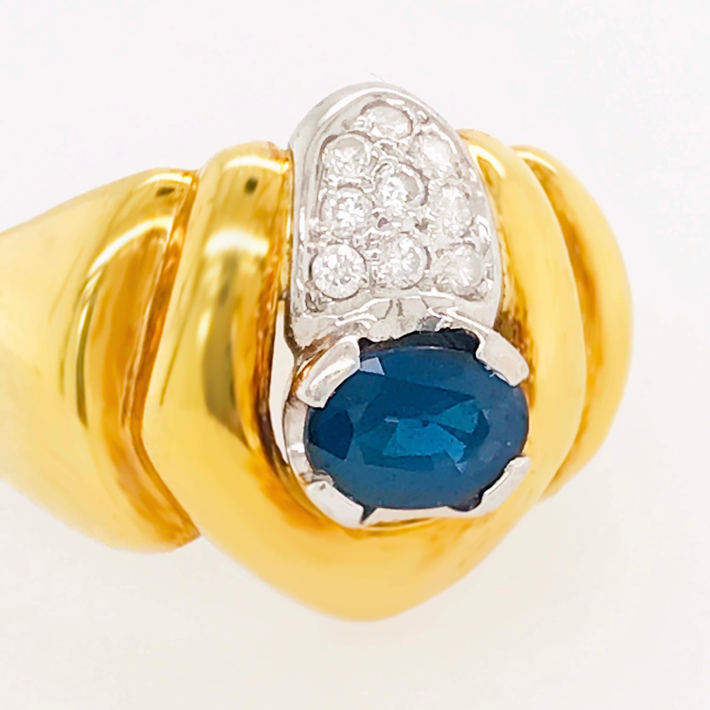 Sapphire and Diamond 18 kt Yellow Gold Statement Ring, 18k Gold Dome Ring Blue In Excellent Condition For Sale In Austin, TX