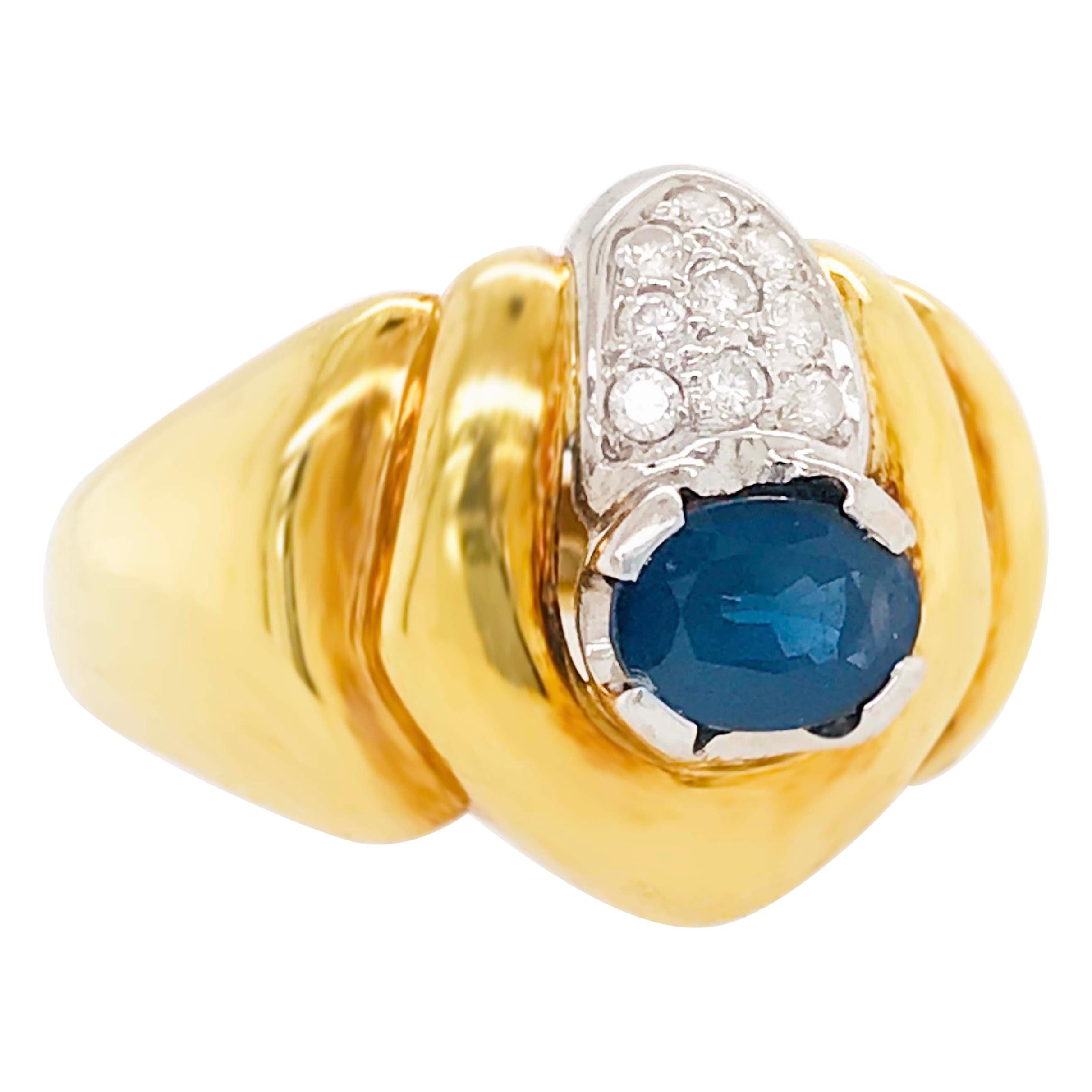 Sapphire and Diamond 18 kt Yellow Gold Statement Ring, 18k Gold Dome Ring Blue