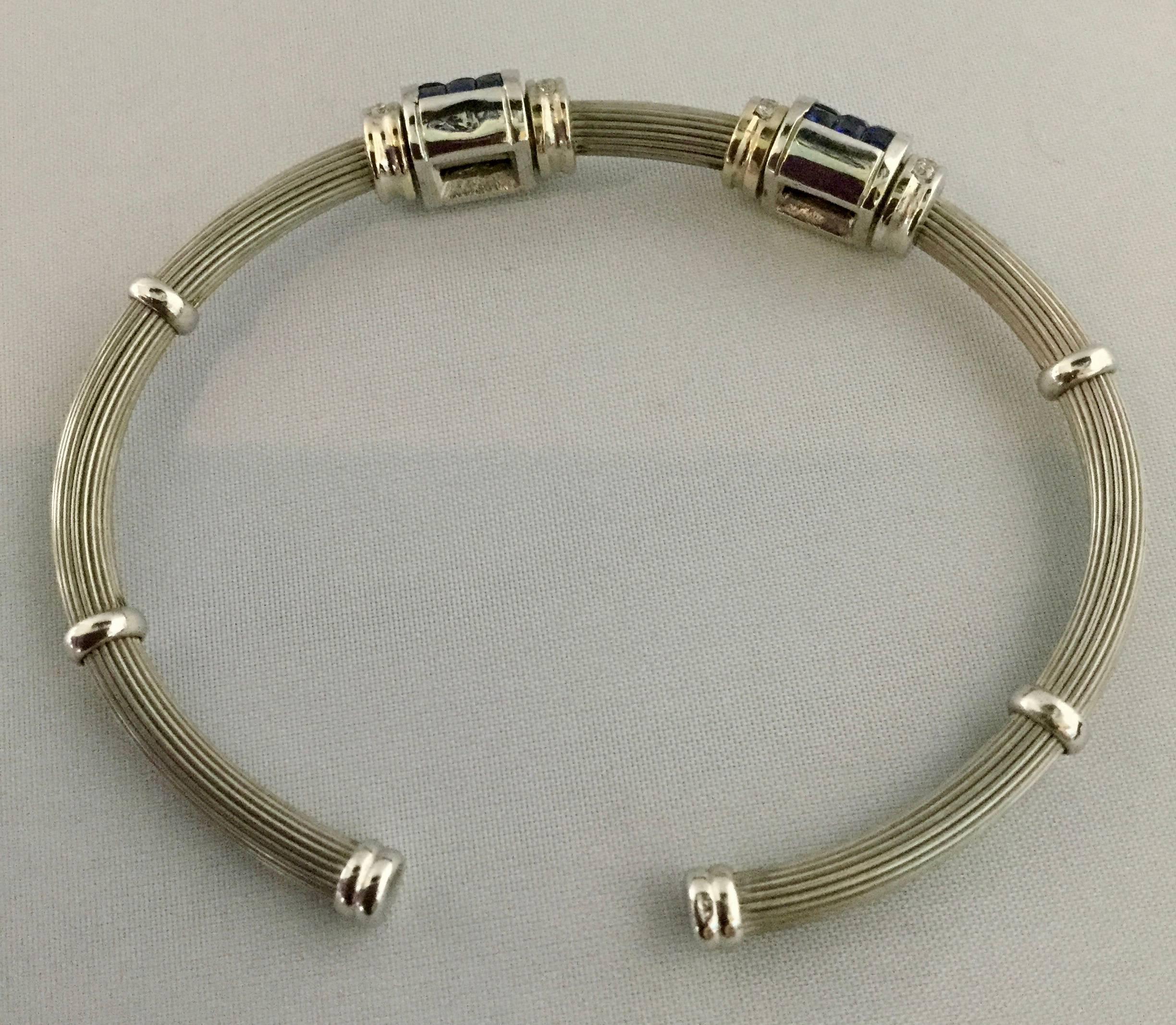 Sapphire and Diamond 18 Karat White Gold Flexible Cuff Bracelet In New Condition For Sale In Spartanburg, SC