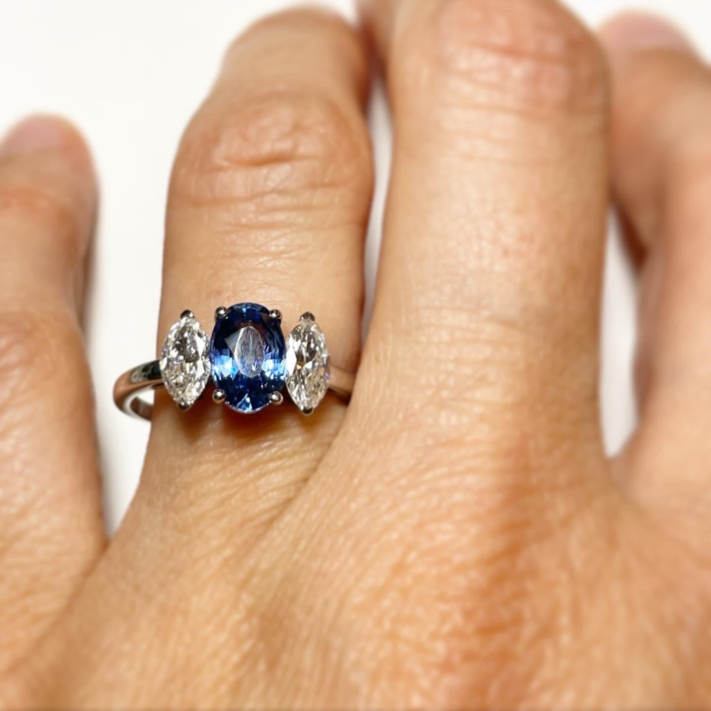 Women's or Men's Sapphire and Diamond 18k White Gold Three-Stone Engagement Ring