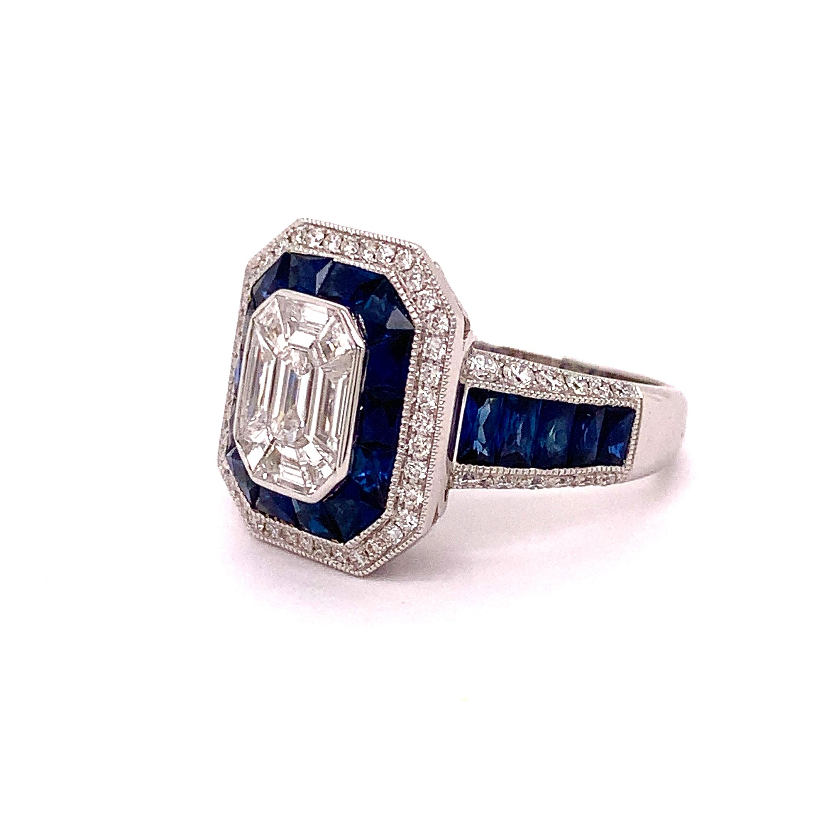 Sophisticated ring with 1.30 carats in round brilliant and mixed cut diamonds.  24 vibrant blue French cut Ceylon sapphires, for a total of 2.10 ctw. in sapphires. Mounted in 6.16 grams of 18K white gold. Old world craftsmanship with todays