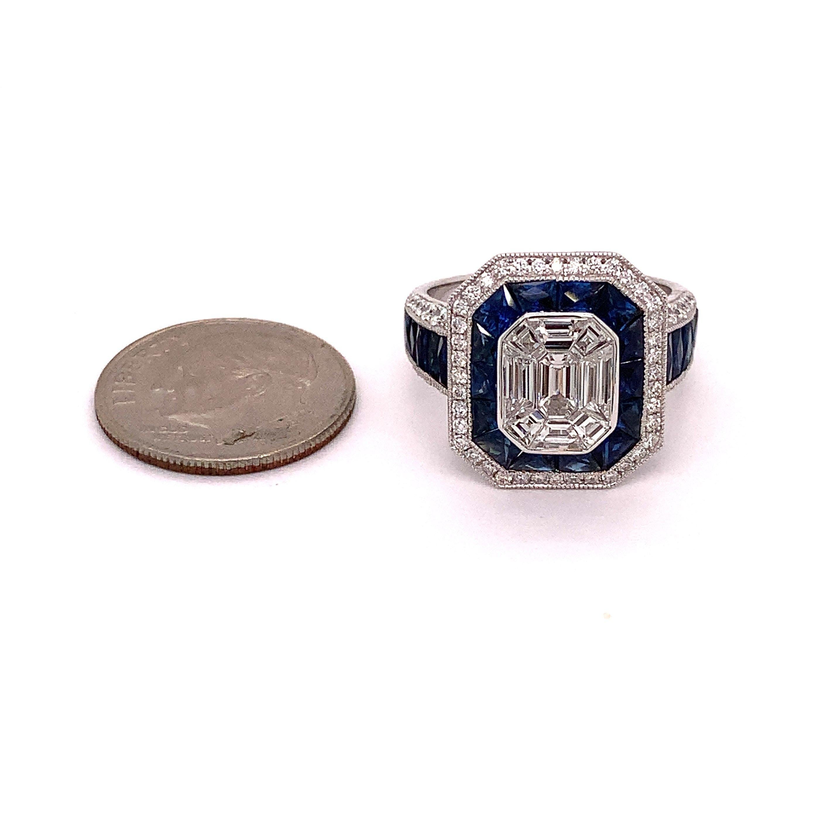 Anillo de zafiro, diamante y oro blanco de 18 quilates Art Decó