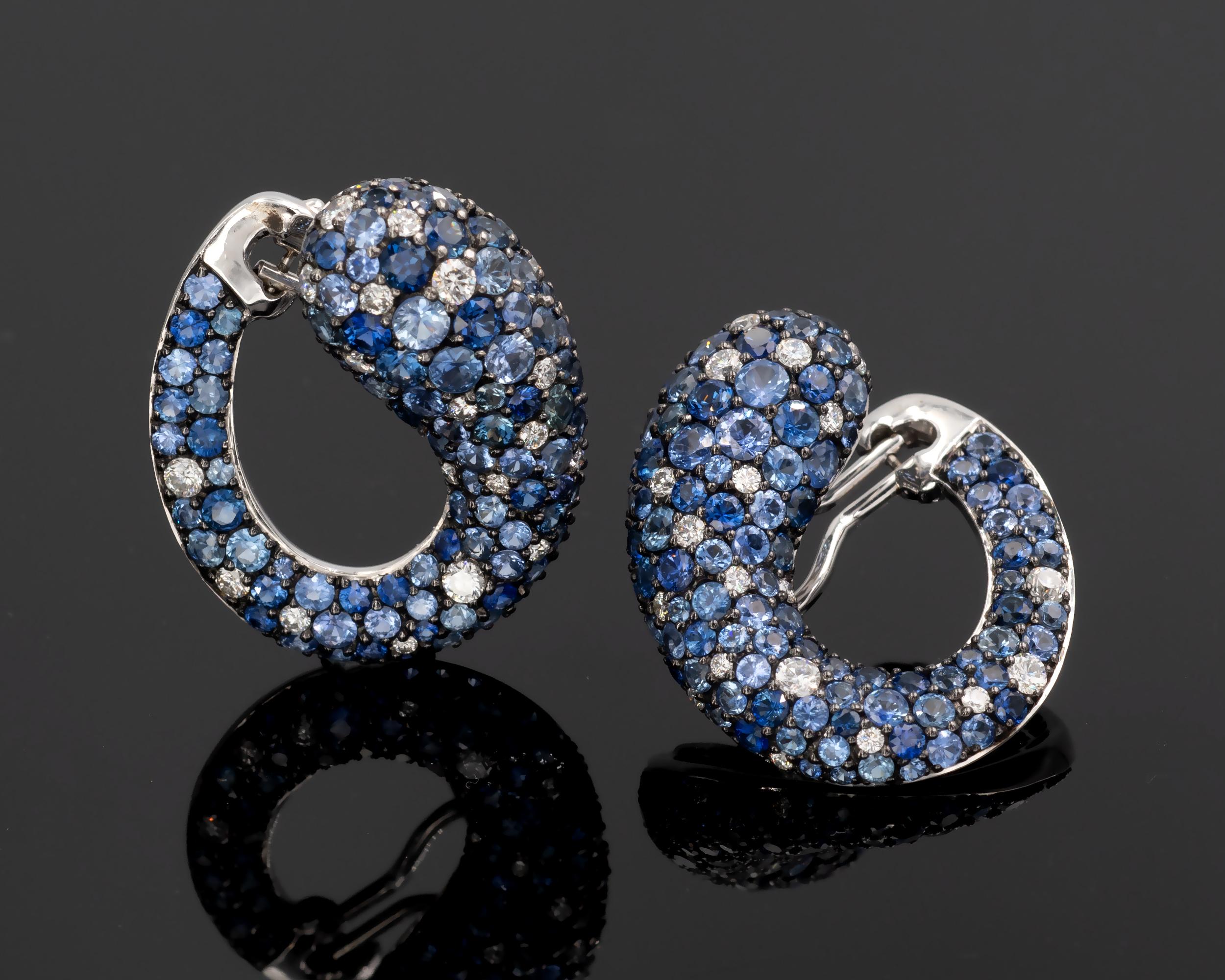 Contemporary Sapphire and Diamond 18kt Gold Hoop Earrings