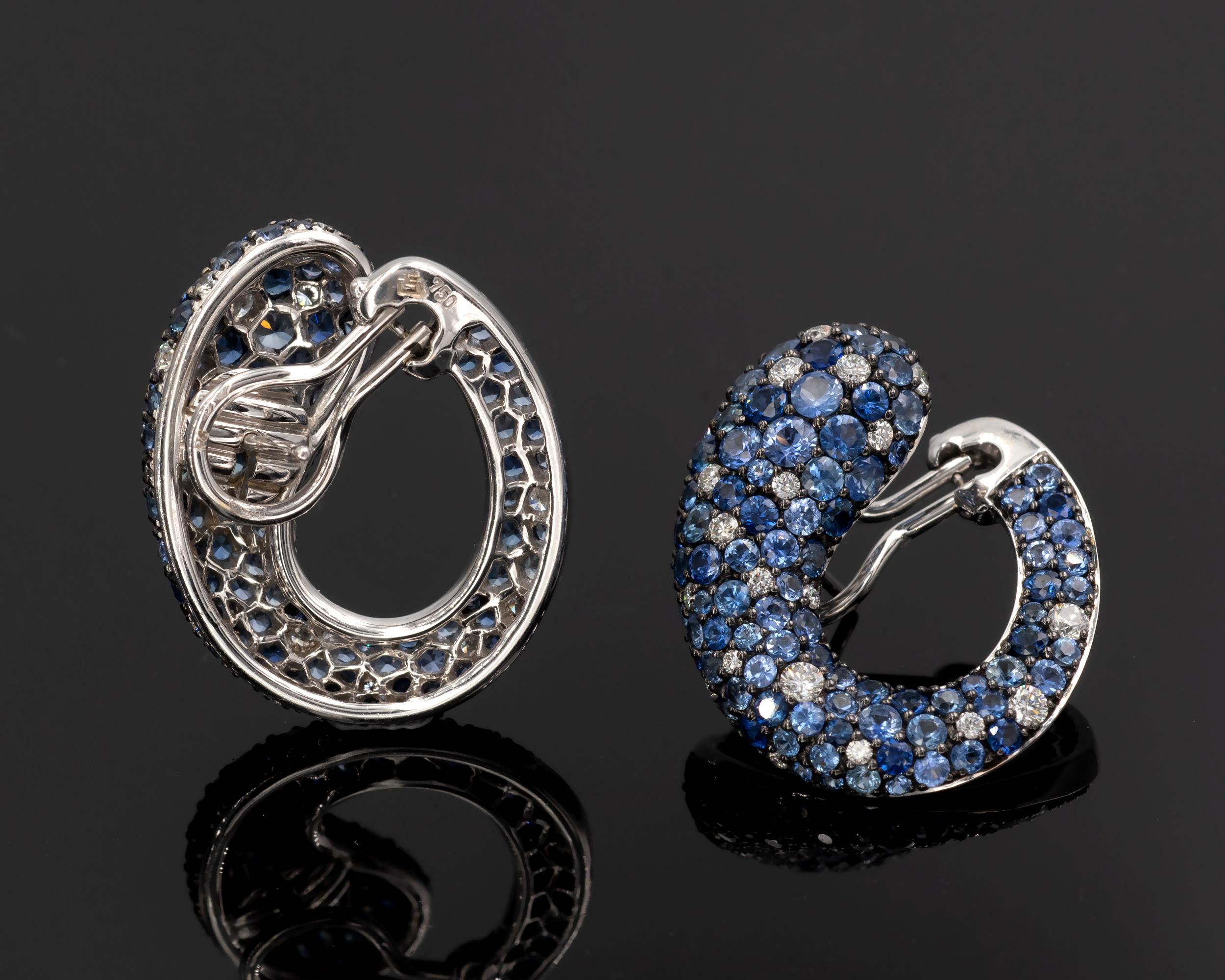 Brilliant Cut Sapphire and Diamond 18kt Gold Hoop Earrings