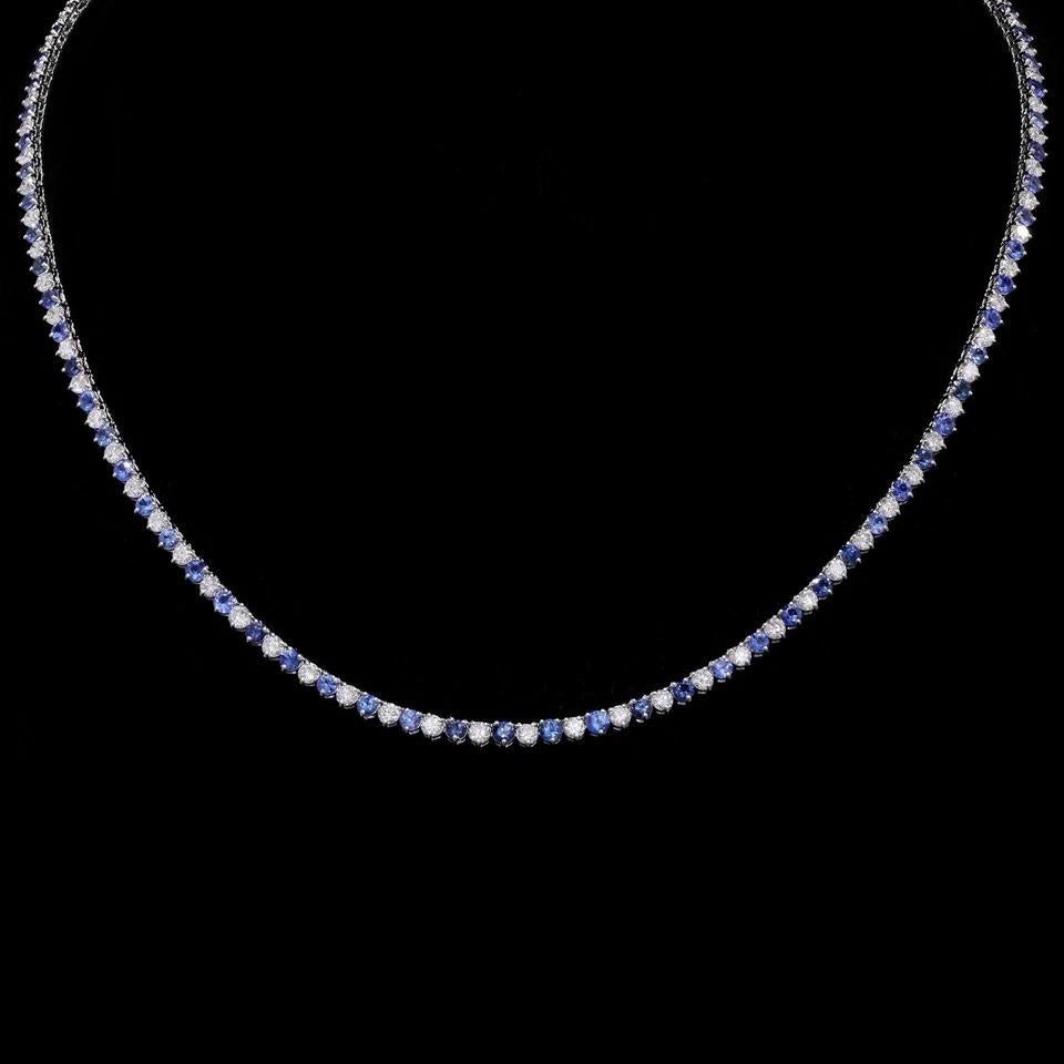 Alternating Sapphire and Diamond Tennis Necklace in 18k White Gold

Sapphire and Diamond Necklace features natural Round Faceted Blue Sapphires set alternating with natural Round Brilliant Diamonds, all set in 3 prong setting in 18k White Gold. The