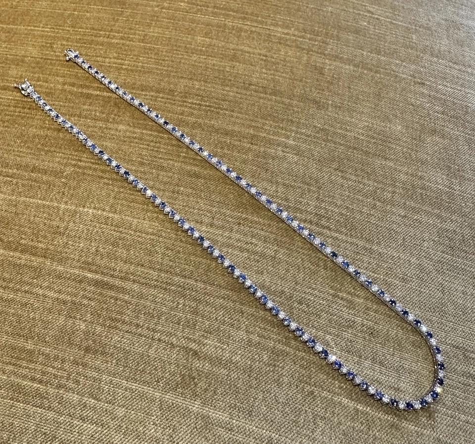 Round Cut Sapphire and Diamond 3 Prong Tennis Necklace 17