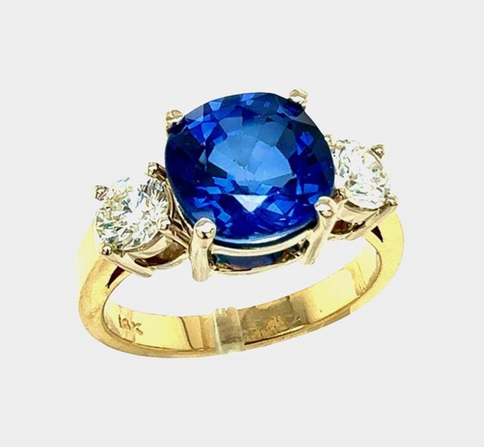 Modernist Sapphire and Diamond 3 Stone Gold Vintage Ring For Sale