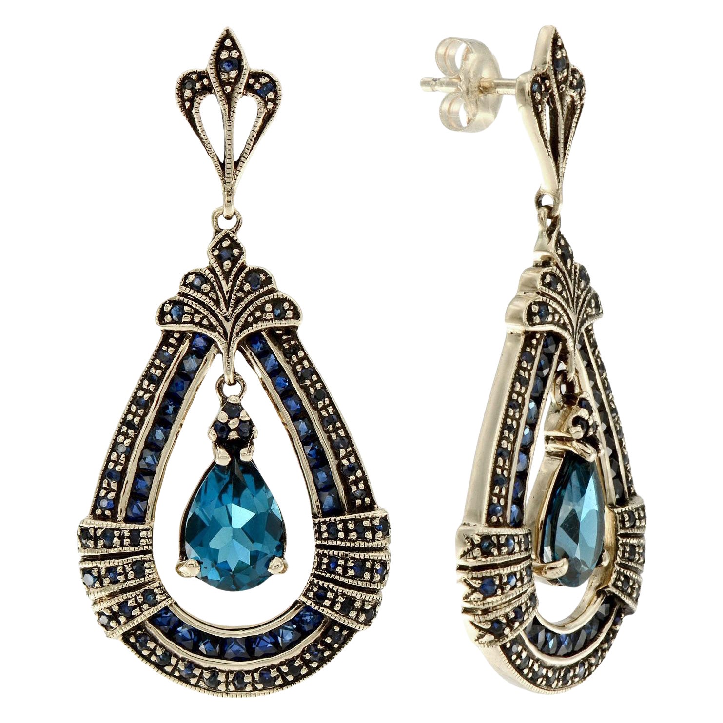 Sapphire and Diamond Antique Style Dangle Earrings in 9K Yellow Gold For Sale