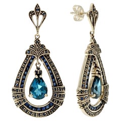 Sapphire and Diamond Antique Style Dangle Earrings in 9K Yellow Gold