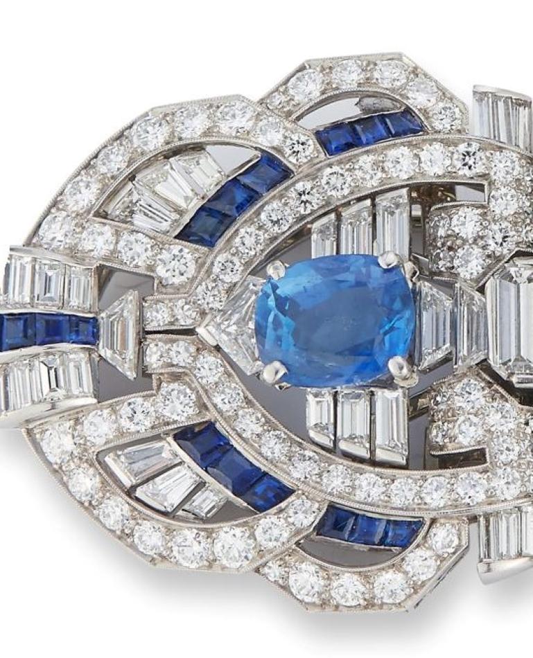 Oval Cut Sapphire and Diamond Art Deco Brooch For Sale